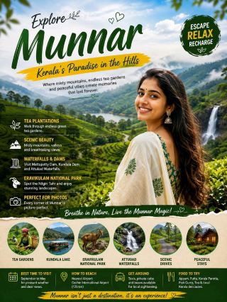 #epictravelmoments 
🌿 Munnar Travel Guide: Why You Should Visit This Beautiful Hill Station

Nestled in the Western Ghats of Kerala, Munnar is one of India’s most beautiful hill stations. Famous for its endless tea plantations, misty mountains, waterfalls and peaceful surroundings, Munnar is the perfect destination for nature lovers, couples, families and adventure seekers.

🍃 1. Stunning Tea Plantations

Munnar is world-famous for its green tea gardens spread across rolling hills. Take a scenic drive through the plantations, visit a tea factory and enjoy freshly prepared Kerala tea while surrounded by spectacular views.

⛰️ 2. Beautiful Mountains & Misty Views

The cool climate and mist-covered mountains give Munnar a magical atmosphere. Early mornings are especially beautiful when clouds float over the hills.

🏞️ 3. Visit Eravikulam National Park

Home to the endangered Nilgiri Tahr, Eravikulam National Park is one of Munnar’s top attractions. The park also offers beautiful views of the surrounding Western Ghats.

🌊 4. Discover Waterfalls & Dams

Don’t miss attractions such as Mattupetty Dam, Kundala Dam and Attukad Waterfalls. These places are perfect for photography, sightseeing and enjoying Munnar’s natural beauty.

🌸 5. Experience Local Kerala Culture

Explore traditional Kerala food, local markets and villages around Munnar. Try dishes such as appam, Kerala parotta, puttu and delicious vegetarian and non-vegetarian curries.

🚶 6. Adventure Activities

Munnar is also ideal for adventure lovers. Depending on the season and local conditions, you can enjoy trekking, hiking, boating, cycling and exploring scenic mountain trails.

📸 7. A Paradise for Photography

From tea-covered hills and waterfalls to winding mountain roads and misty landscapes, almost every corner of Munnar is perfect for photography.

❤️ 8. Perfect Romantic Getaway

Munnar’s peaceful atmosphere, cool weather and beautiful resorts make it one of Kerala’s most popular destinations for couples and honeymooners.

🗓️ Best Time to Visit Munnar

September to May is generally a great period to explore Munnar, with pleasant weather for sightseeing and outdoor activities. Monsoon months can also be beautiful if you enjoy lush green landscapes and rainy weather.

💰 Munnar Travel Budget

Munnar can suit different budgets:

· 🏨 Budget stay: ₹1,000–₹2,500 per night
· 🏨 Mid-range hotel: ₹2,500–₹5,000 per night
· 🌿 Premium resort: ₹5,000+ per night
· 🍛 Local meals: ₹100–₹300 per person
· 🚕 Local sightseeing: depends on vehicle and route

✈️ How to Reach Munnar

The nearest major airports are Cochin International Airport and Coimbatore International Airport. From Kochi, Munnar is around a 3–4 hour road journey, depending on traffic and weather.

🌿 Final Thoughts

Munnar is more than a hill station—it is an experience of tea gardens, mountains, mist, waterfalls and Kerala’s natural beauty. Whether you want a relaxing holiday, a romantic escape or an adventure in the hills, Munnar deserves a place on your Kerala travel list.

🌿 Munnar — Where Every Road Leads to a Beautiful View! 🇮🇳