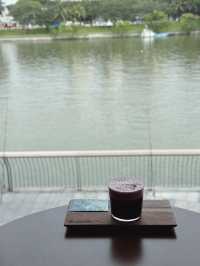 晴朗天，榕樹蔭，萬江畔，靜泊嘅巨大白色飛船。