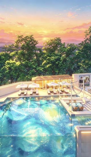 ภูเขาเอเมอิ รีสอร์ทสวรรค์สไตล์ซานโตรินี โดดเด่นด้วยบ่อน้ำพุร้อนและสระว่ายน้ำสำหรับชมดาว! (เวอร์ชั่นอนิเมะ)