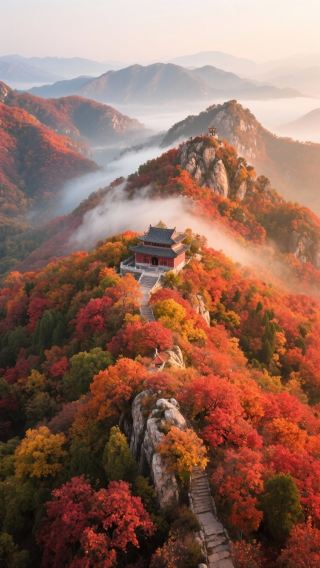 The autumn colors of Xintai ignite the valley, with red leaves covering the mountains like a painting