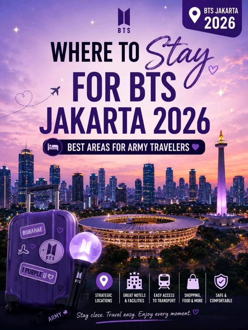 Merencanakan perjalanan buat nonton konser BTS bukan cuma soal dapet tiket aja—milih lokasi hotel yang strategis juga penting banget biar pengalaman kamu makin nyaman. Buat BTS Jakarta 2026, pastinya banyak ARMY yang cari penginapan yang praktis, nyaman, dan gampang diakses setelah konser selesai. Jakarta itu kota besar dan sibuk, jadi booking hotel di area yang tepat dari jauh-jauh hari bisa bantu ngurangin stres di hari-H konser.

Kalau mau yang paling praktis, Senayan adalah salah satu pilihan terbaik 📍✨. Area ini cocok banget buat kamu yang mau tinggal lebih deket sama kawasan Gelora Bung Karno (GBK) biar nggak makan waktu lama di jalan sebelum atau sesudah konser. Senayan juga lengkap banget dengan mal, tempat makan, dan fasilitas kota lainnya. Beberapa hotel yang bisa kamu bandingin di sini antara lain Somerset Senayan Jakarta, Fairmont Jakarta, ARTOTEL Gelora Senayan, dan The Langham Jakarta.

Pilihan oke lainnya adalah Sudirman 🌆. Area ini pas buat yang suka suasana kota modern dengan gedung pencakar langit, hotel bisnis, mal, dan akses transportasi yang mudah. Ini pilihan praktis buat para ARMY yang mengutamakan kenyamanan dan kemudahan mobilitas selama di Jakarta. Cek hotel-hotel kayak Somerset Sudirman Jakarta, Citadines Sudirman Jakarta, Ayana Midplaza Jakarta, dan Mercure Jakarta Gatot Subroto.

Buat yang mau sekalian belanja, jalan-jalan, dan ngerasain praktisnya Jakarta Pusat, Thamrin adalah jawabannya 🛍️✨. Dekat sama banyak mal, kafe, landmark ikonik, dan tempat hits buat eksplor sebelum atau sesudah konser. Area ini cocok banget kalau kamu mau bikin trip konser BTS ini serasa liburan singkat di Jakarta. Hotel yang bisa jadi pilihan: Grand Hyatt Jakarta, Mandarin Oriental Jakarta, Pullman Jakarta Indonesia, Keraton at The Plaza, a Luxury Collection Hotel, dan Mövenpick Hotel Jakarta City Centre.

Kalau kamu lebih suka suasana lokal yang hidup, Blok M bisa jadi pilihan seru 🍜💜. Area ini terkenal dengan pusat kuliner, kafe, mal, tempat nongkrong, dan vibes anak muda. Pas buat pelancong yang pengen lebih dari sekadar hotel dan menikmati eksplor makanan lokal serta gaya hidup santai di Jakarta. Cari hotel kayak Liberta Hub Blok M Jakarta, SOTIS Hotel Falatehan Blok M, Amaris Hotel Panglima Polim, 1O1 URBAN Jakarta Thamrin, dan THE 1O1 Jakarta Sedayu Darmawangsa.

Tips dari aku, bandingin lokasi hotel dengan teliti sebelum booking. Cek jarak ke venue konser, ulasan tamu, pilihan transportasi, kebijakan pembatalan, dan pastikan hotelnya deket sama stasiun MRT, jalan protokol, mal, atau titik jemput transportasi online tepercaya. Saat periode konser, hotel di area populer biasanya cepet penuh atau harganya jadi lebih mahal, jadi pesen lebih awal itu langkah yang cerdas.

Intinya, pilih Senayan buat kenyamanan maksimal, Sudirman buat suasana kota modern, Thamrin buat belanja dan jalan-jalan, atau Blok M buat kulineran dan vibes lokal. Dengan pilihan area yang tepat, perjalanan BTS Jakarta 2026 kamu bakal terasa lebih lancar, aman, dan berkesan 💜✨