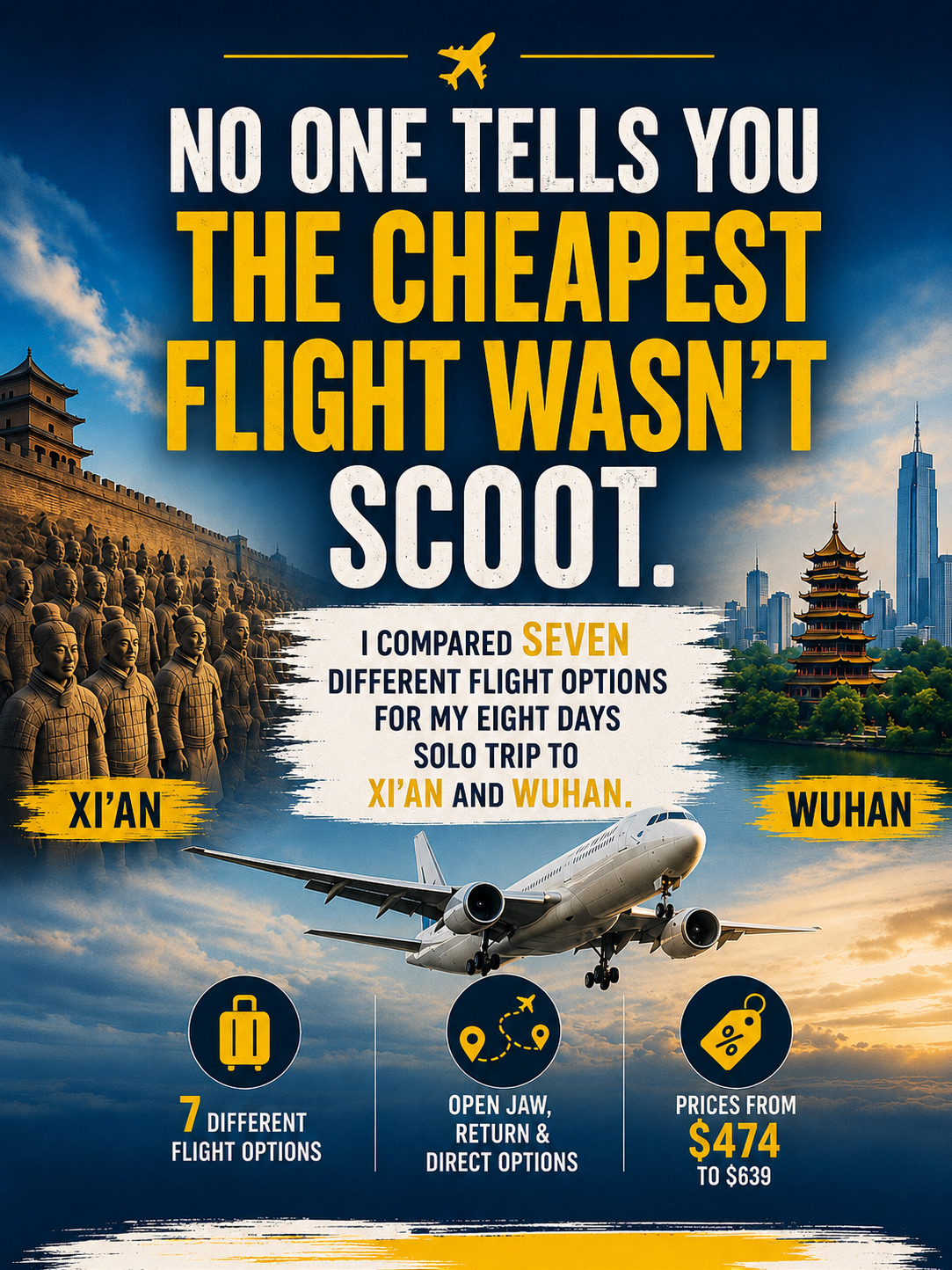 I am planning an 8-day solo trip to Xi’an and Wuhan next month.

Before booking, I compared seven different flight options.

Not just different airlines, but also different routings, baggage allowances and airport combinations.

Here is what I found.

1. Cathay Pacific (Open Jaw via Hong Kong)

Singapore → Hong Kong → Xi’an
Wuhan → Hong Kong → Singapore

S$474
23kg baggage allowance
Total transit time: 7h 5min

2. China Eastern (Xi’an Return)

Singapore ↔ Xi’an

S$603
23kg baggage allowance

3. China Eastern (Wuhan Return)

Singapore ↔ Wuhan

S$623
23kg baggage allowance

4. China Eastern (Open Jaw)

Singapore → Xi’an
Wuhan → Singapore

S$587
23kg baggage allowance

5. Scoot (Open Jaw)

Singapore → Xi’an
Wuhan → Singapore

S$510 without baggage
S$639 with 30kg baggage

6. Scoot (Wuhan Return)

Singapore ↔ Wuhan

S$519 without baggage
S$603 with 20kg baggage

7. Scoot (Xi’an Return)

Singapore ↔ Xi’an

S$489 without baggage
S$598 with 20kg baggage

The result surprised me.

The cheapest option wasn’t Scoot.

It wasn’t China Eastern either.

It was Cathay Pacific.

Compared to the China Eastern open-jaw ticket, Cathay Pacific was S$113 cheaper.

Compared to the Scoot open-jaw ticket with baggage, Cathay Pacific was S$165 cheaper.

The trade-off?

A total of 7 hours and 5 minutes of transit time through Hong Kong.

But this is where I may think differently from many travellers.

I don’t see transit as wasted time.

I make transit part of the itinerary.

With lounge access, a transit means:

· Trying another airport lounge
· Having a proper meal
· Plane spotting
· Exploring the terminal
· Getting some work done

When I looked at the numbers, I realised something interesting.

By choosing Cathay Pacific over China Eastern, I save S$113 while spending an additional 7 hours and 5 minutes in transit.

That means I am effectively being paid about S$16 per hour to transit.

The savings can also pay for two to three nights of accommodation in Xi’an or Wuhan.

Sometimes the cheapest flight isn’t the budget airline.

Sometimes it isn’t even the direct flight.

#quietmiles #flightdeals #cheapflights #cathaypacific #scoot #chinaeastern #xian #xiantrip #wuhan #wuhantrip #chinatravel #chinatrip #solotravel #china  #cheapflightdeals 

