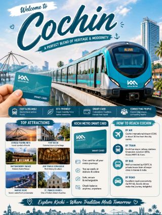 Kochi – Where Heritage Meets Modernity 🌴🚇

Welcome to Kochi, the vibrant gateway to Kerala and one of South India's most fascinating destinations. Known for its rich history, beautiful waterfronts, colonial architecture, modern metro system, and diverse culture, Kochi perfectly blends tradition with innovation.

From ancient spice trade routes to modern shopping malls and metro connectivity, Kochi offers something for every traveler. Whether you're a history lover, foodie, photographer, or family traveler, this coastal city promises unforgettable experiences.

Top Attractions in Kochi

🎣 Chinese Fishing Nets
The iconic symbol of Kochi. These massive fishing nets have been operating for centuries and offer stunning sunset photography opportunities.

🏛️ Fort Kochi
Walk through charming colonial streets lined with colorful buildings, cafés, art galleries, and heritage structures.

🏰 Mattancherry Palace (Dutch Palace)
Discover Kerala's royal history through beautiful murals, artifacts, and traditional architecture.

🕍 Jew Town & Paradesi Synagogue
One of India's oldest Jewish settlements featuring antique shops, spice markets, and the historic synagogue.

⛪ St. Francis Church
India's oldest European church and the original burial site of Portuguese explorer Vasco da Gama.

🌊 Marine Drive
A scenic waterfront promenade perfect for evening walks, sunset views, shopping, and local street food.

🛍️ Lulu Mall
One of India's largest shopping malls offering shopping, dining, entertainment, and family fun.

🏝️ Bolgatty Palace
A heritage palace located on Bolgatty Island with beautiful backwater views and lush gardens.

Kochi Metro – Smart & Eco-Friendly Travel

🚇 Kochi Metro is one of India's most modern metro systems, connecting major parts of the city quickly and efficiently.

💳 Kochi Metro Smart Card Benefits:
✔ Faster travel
✔ Cashless payments
✔ Easy recharge facility
✔ Affordable fares
✔ Convenient city exploration

How to Reach Kochi

✈️ By Air
Cochin International Airport (COK) – approximately 30 km from the city center.

🚆 By Train
Major railway stations include Ernakulam Junction (ERS), Ernakulam Town (ERN), and Aluva.

🚌 By Bus
Excellent KSRTC and private bus connectivity from major cities across Kerala and South India.

🚗 By Road
Well-connected through NH 66 and major highways linking Kochi to Munnar, Alleppey, Thekkady, and Trivandrum.

Things to Carry

🎒 Comfortable Cotton Clothes
👟 Walking Shoes
☂️ Umbrella or Raincoat
🕶️ Sunglasses & Sunscreen
🔋 Power Bank & Chargers
💳 Metro Smart Card / Cash
📷 Camera or Smartphone
💧 Water Bottle

Best Time to Visit

🌤️ October to March – Pleasant weather and ideal sightseeing.

🌧️ June to September – Beautiful monsoon scenery and lush greenery.

☀️ April to May – Warm weather with fewer crowds.

Budget Guide

💰 Budget Traveler: ₹2,000 – ₹3,500 per day

🏨 Mid-Range Traveler: ₹4,000 – ₹7,000 per day

✨ Luxury Traveler: ₹8,000 – ₹15,000+ per day

Kochi is not just a city—it's a journey through history, culture, modern infrastructure, and coastal beauty. Ride the metro, explore heritage streets, enjoy authentic Kerala cuisine, and witness breathtaking sunsets along Marine Drive.

🌴 Explore Kochi – Where Tradition Meets Tomorrow!#travel #travel2026 
