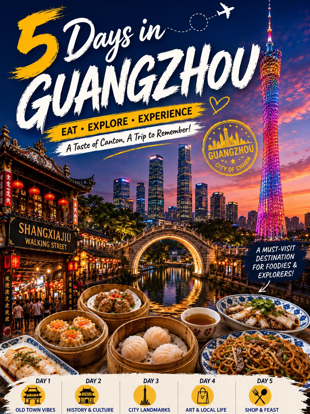 Lagi cari destinasi liburan singkat dengan makanan enak, pemandangan kota yang estetik, dan banyak tempat seru buat dieksplor? Guangzhou wajib banget masuk ke bucket list perjalanan kamu!

Habiskan 5 hari buat jelajahi perpaduan budaya Kanton klasik dan atraksi modern di kota ini. Jalan-jalan santai di kawasan bersejarah, mampir ke Yongqing Fang dan Pulau Shamian, belanja di Beijing Road dan Tianhe, lalu nikmati indahnya pemandangan malam Canton Tower dan Sungai Mutiara (Pearl River).

Dan pastinya, siapin perut kosong ya! Guangzhou bener-bener surga buat para foodie. Mulai dari dim sum tradisional dan nasi claypot sampai mie lokal, dessert manis, dan tempat ngeteh hits, selalu ada rasa baru buat dicicipi. Beberapa tempat makan favoritku antara lain Shi Ying Wan Zi Chi, Zhu Zai Cha Li, Chen Jia Ci, Nai Niu Huang Hou, Dian Dou De, Moutai Ice Cream, Xie Shen Bao, Min Ji Bao Zi Fan, dan Wu Cai Ji Mian Jia.

Buat kamu yang hobi makan, belanja, suka budaya, atau fotografi perkotaan, Guangzhou jadi destinasi yang pas buat dinikmati dalam lima hari. Simpan panduan ini buat trip kamu selanjutnya dan siap-siap buat wisata kuliner keliling kota! 🥢📸🏙️