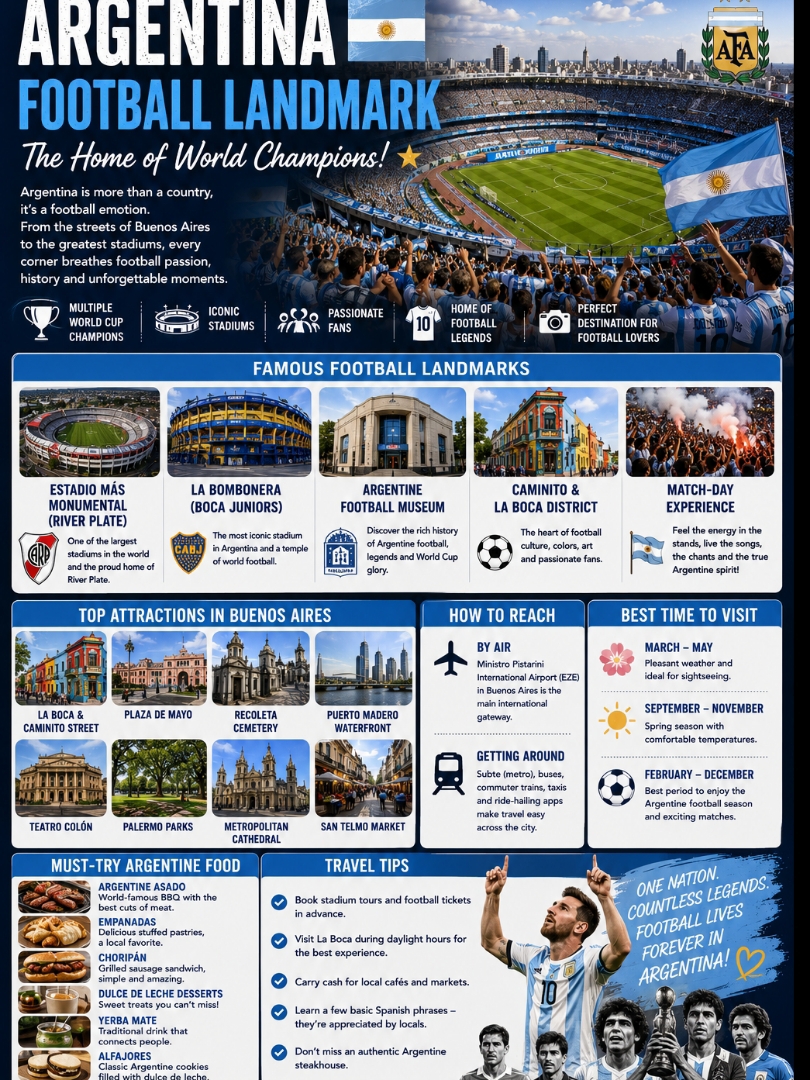#footballlandmarks 
🇦🇷⚽  🇦🇷⚽ Argentina Football Landmark – The Home of World Champions! 🏆⭐ Fifa World Cup vibes 

Argentina is one of the greatest football nations in history, producing legendary players and unforgettable FIFA World Cup moments. From the electric atmosphere of Buenos Aires to the iconic Estadio Mâs Monumental, every football fan dreams of experiencing Argentina's unmatched passion.

Whether you're watching a live match, visiting famous stadiums, or celebrating with local supporters, Argentina offers an unforgettable football journey.

🌟 Why Visit Argentina for Football?

⚽ Home of multiple FIFA World Cup champions
🏟️ Visit legendary football stadiums
🎉 Incredible match-day atmosphere and passionate fans
💙 Rich football culture in every neighborhood
📸 Perfect destination for football lovers
🌎 Experience the birthplace of football legends

🏟️ Famous Football Landmarks

🏟️ Estadio Mâs Monumental (River Plate)
💙 La Bombonera (Boca Juniors)
🏆 Argentine Football Museum
⚽ Caminito & La Boca Football District
🎉 Match-day fan zones and sports bars

📍 Top Attractions

🌈 La Boca & Caminito Street
🏛️ Plaza de Mayo
🌸 Recoleta Cemetery
🌳 Palermo Parks
🎭 Teatro Colón
🌉 Puerto Madero Waterfront
⛪ Metropolitan Cathedral
🛍️ San Telmo Market

✈️ How to Reach

🛫 By Air: Ministro Pistarini International Airport (EZE) in Buenos Aires is Argentina's main international gateway.

🚇 Getting Around: The Subte (metro), buses, commuter trains, taxis, and ride-hailing apps provide convenient transport across the city.

📅 Best Time to Visit

🌸 March – May – Pleasant weather and ideal for sightseeing.

🌼 September – November – Spring season with comfortable temperatures.

⚽ February – December – Best period to enjoy the Argentine football season and exciting match-day atmosphere.

🍽️ Must-Try Argentine Food

🥩 Argentine Asado (BBQ)
🥟 Empanadas
🥩 Choripán
🍮 Dulce de Leche Desserts
🧉 Yerba Mate
🍰 Alfajores

💡 Travel Tips

✅ Book stadium tours and football tickets in advance.
✅ Visit La Boca during daylight hours for the best experience.
✅ Carry cash for local cafés and markets.
✅ Learn a few basic Spanish phrases—they're appreciated by locals.
✅ Don't miss an authentic Argentine steakhouse.

From legendary stadiums and football history to vibrant neighborhoods and delicious cuisine, Argentina is every football fan's dream destination. Every match is celebrated with unmatched passion and pride.

❤️  🇦🇷⚽

#argentina  #buenosaires  #footballlandmark  #worldchampions  #labombonera  #MasMonumental  #footballfans  #visitargentina  #sportstravel  #footballculture  #worldcup  #travelsouthamerica  #surmaiduniya #travel2026 