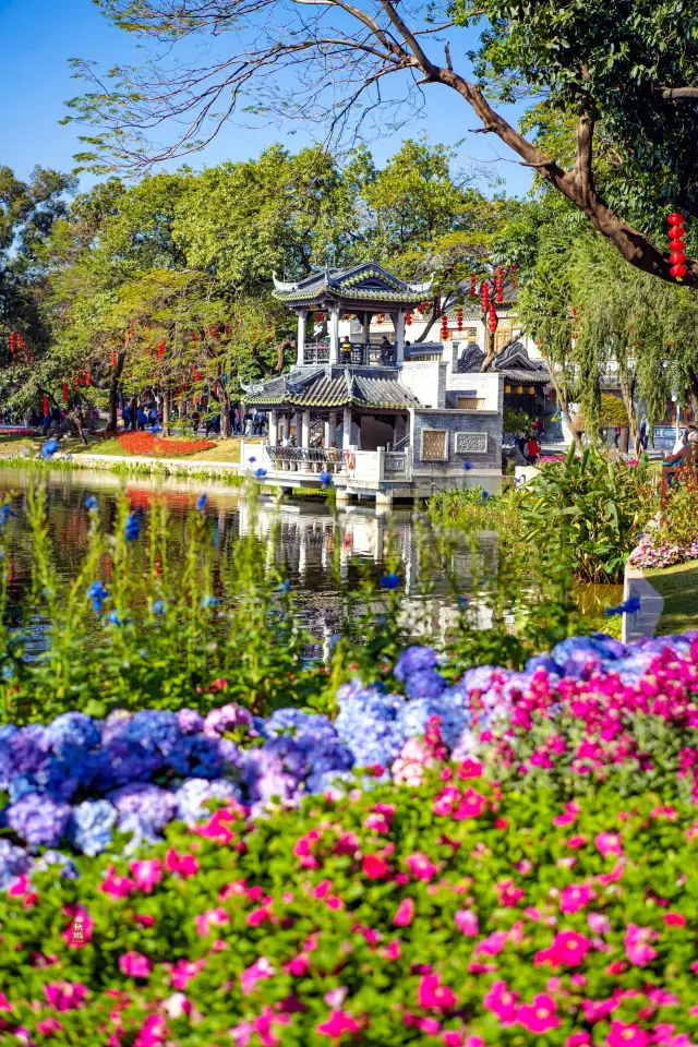 wan Lake Park in Guangzhou is a free scenic area, surrounded by clusters of fresh flowers and shaded by green trees, offering a beautiful landscape!