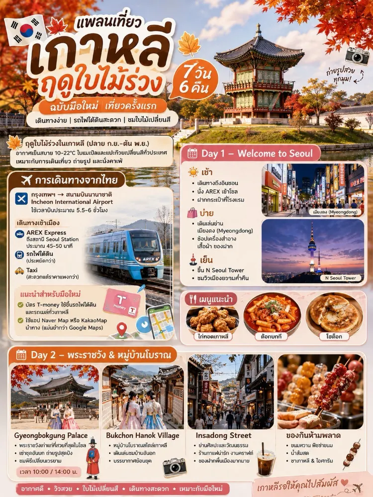 가을 한국 여행 6박 7일 플랜 (초보자 편)。