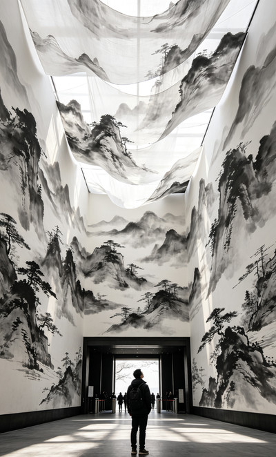 ☆水墨画 縦120 横70cm 千里江山図の大型水墨画スポットで、古画の中に入り込んだような写真を