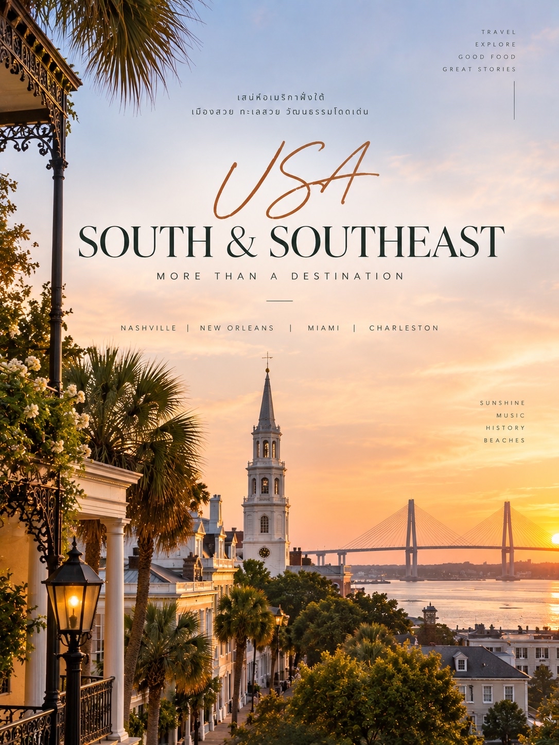 🇺🇸 USA TRAVEL REVIEW | ZONE 03 — SOUTH & SOUTHEAST

ถ้าอยากเห็นอเมริกาอีกด้านที่มีทั้งเสียงดนตรี อาหารอร่อย เมืองสีสัน และทะเลสวย ๆ 🌴🎶 โซนนี้น่าเก็บมาก

South & Southeast USA มีคาแรกเตอร์ชัดมาก แต่ละเมืองให้ความรู้สึกต่างกันสุด ๆ

🎸 1. Nashville, Tennessee

เมืองหลวงแห่งเสียงเพลงของอเมริกา โดยเฉพาะ Country Music 🎶

📍 ห้ามพลาด: Broadway • Country Music Hall of Fame • Ryman Auditorium • Music Row
🚶 Broadway เหมาะกับการเดินเที่ยวและฟังดนตรีสด ส่วน Music Row จะได้เห็นร่องรอยอุตสาหกรรมเพลงของเมือง
📸 มุมถ่ายรูป: อาคาร Ryman Auditorium และถนน Broadway
💡 Tip: Nashville เป็นเมืองที่เหมาะกับการเที่ยวช่วงเย็นมาก เพราะบรรยากาศดนตรีจะคึกคักขึ้นเรื่อย ๆ

ปี 2026 เมืองมีงานฉลอง America 250 รวมถึงงาน Let Freedom Sing! วันที่ 4 กรกฎาคม ซึ่งเป็นงานฟรีขนาดใหญ่ของเมือง (Visit Nashville TN)

🎺 2. New Orleans, Louisiana

เมืองที่มีเอกลักษณ์แบบหาเมืองอื่นมาแทนได้ยากมาก ❤️

📍 ห้ามพลาด: French Quarter • Jackson Square • Frenchmen Street • Mississippi River
🍴 ต้องลองอาหารอย่าง Gumbo, Jambalaya และ Beignets
🚋 เมืองเดินเที่ยวได้หลายย่าน และมี Streetcar ช่วยเชื่อมพื้นที่สำคัญ
📸 มุมถ่ายรูป: French Quarter และ Jackson Square
💡 Tip: อย่ามอง New Orleans แค่เมืองปาร์ตี้ เพราะจริง ๆ แล้วมีทั้งประวัติศาสตร์ อาหาร ดนตรี และสถาปัตยกรรมที่น่าสนใจมาก

ข้อมูลท่องเที่ยวปี 2026 ยังเน้น French Quarter, Bywater, Warehouse Arts District และ Frenchmen Street เป็นพื้นที่เด่นของเมือง (นิวออร์ลีนส์)

🌴 3. Miami, Florida

ถ้าอยากได้ Beach + City + Latin Culture Miami ตอบโจทย์มาก ☀️🌊

📍 ห้ามพลาด: South Beach • Ocean Drive • Little Havana • Wynwood • Biscayne Bay
🏖️ South Beach เด่นทั้งชายหาดและสถาปัตยกรรม Art Deco
📸 มุมถ่ายรูป: Ocean Drive และชายหาด South Beach
💡 Tip: ลองแบ่งเวลาให้ Little Havana ด้วย จะได้เห็นอีกด้านของ Miami ที่เต็มไปด้วยกลิ่นอาย Latin และ Caribbean

Miami ยังเป็นหนึ่งในจุดหมายหลักของ Southeast Florida และสามารถต่อทริปไป Florida Keys หรือ Everglades ได้ง่าย (Visit Florida)

🏰 4. Charleston, South Carolina

เมืองเก่าบรรยากาศสวย เหมาะกับคนที่ชอบบ้านเก่า ถนนสวย อาหาร และชายฝั่ง 🌿

📍 ห้ามพลาด: Historic Downtown • Rainbow Row • Waterfront Park • Charleston Harbor
📸 มุมถ่ายรูป: ถนนย่าน Historic District และ Waterfront
🍴 จุดเด่นอีกอย่างคืออาหารแบบ Lowcountry
💡 Tip: เมืองไม่ใหญ่มาก เหมาะกับการเดินเล่นแบบช้า ๆ และพัก 2–3 วัน

คู่มือท่องเที่ยว Charleston ปี 2026 ครอบคลุมทั้ง Historic Homes, Historic Buildings, Beaches และวัฒนธรรม Gullah ซึ่งเป็นอีกหนึ่งเอกลักษณ์สำคัญของพื้นที่ (Charleston Area CVB)

🐊 BONUS — Everglades, Florida

ถ้ามา Miami แล้วมีเวลาเพิ่ม แนะนำให้เผื่อวันสำหรับ Everglades National Park 🌿🐊

เป็นระบบนิเวศพื้นที่ชุ่มน้ำขนาดใหญ่และเป็นหนึ่งในพื้นที่ธรรมชาติสำคัญของ Florida

📸 จุดเด่น: Wetlands • Wildlife • Mangrove
💡 Tip: ควรเช็กสภาพอากาศและสภาพพื้นที่ก่อนเดินทาง โดยเฉพาะช่วงฤดูฝน

Everglades เป็นหนึ่งใน National Park ที่อยู่ใกล้ Miami และสามารถจัดเป็น Day Trip ได้ (บริการอุทยานแห่งชาติสหรัฐอเมริกา)

🚗 เส้นทางที่น่าสนใจ

Nashville → New Orleans → Charleston → Miami

แต่ถ้าต้องการเที่ยวแบบไม่เหนื่อยเกินไป แนะนำให้แยกเป็น 2 ทริป เพราะระยะทางในโซน South ค่อนข้างไกล

🌸 ช่วงน่าเที่ยว:
โดยรวม October–April จะสบายกว่าสำหรับการเดินเที่ยวเมืองและทำกิจกรรมกลางแจ้ง ส่วน Florida เที่ยวได้เกือบตลอดปี แต่ควรคำนึงถึงอากาศร้อนและฤดูพายุด้วย

💡 สรุปแบบคนเที่ยว:
ZONE 03 เหมาะกับคนที่อยากได้อเมริกาแบบมี “รสชาติและคาแรกเตอร์” มากขึ้น — เพลงดี อาหารเด่น เมืองมีเรื่องราว และยังมีทะเลกับธรรมชาติให้สลับบรรยากาศ 🌴🎶🇺🇸

#USA #SouthUSA #เที่ยวอเมริกา #TravelUSA
