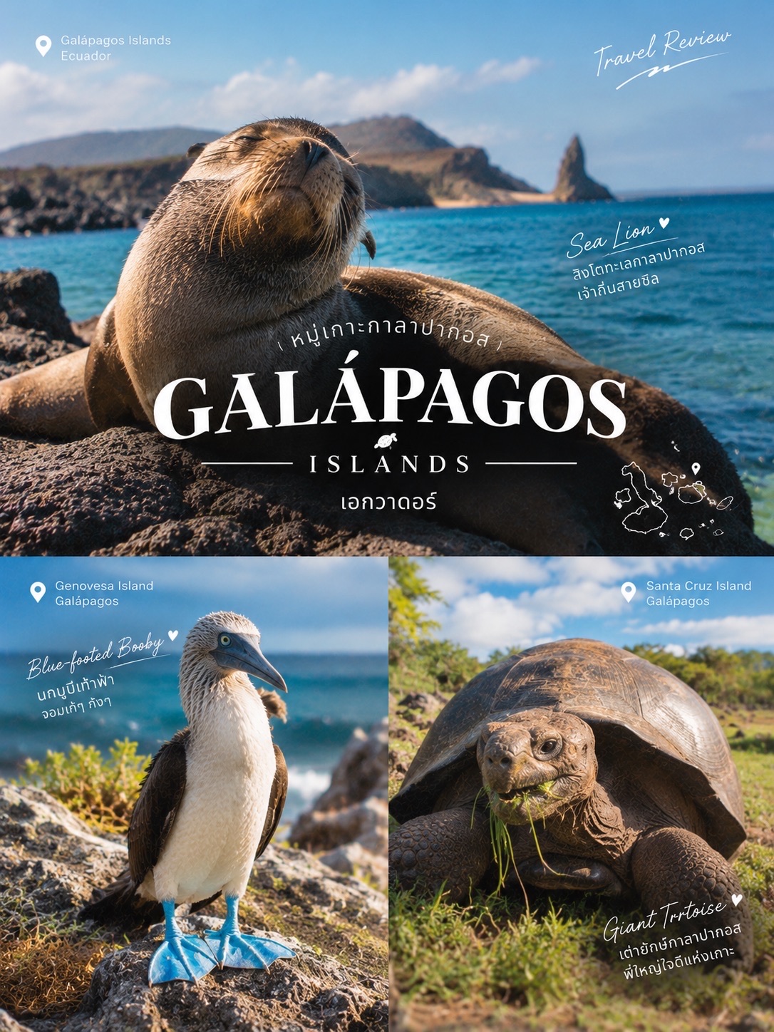 หมู่เกาะกาลาปากอส (Galápagos Islands), 
เอกวาดอร์ 🇪🇨✨ ดินแดนในฝันที่มนุษย์เป็นเพียงแขกผู้มาเยือน และมีเหล่าสัตว์ป่าเป็นเจ้าของบ้านตัวจริง 🌿 จุดเด่นที่ไม่เหมือนใครในโลกคือ สัตว์ที่นี่ใช้ชีวิตเคียงข้างคนโดยไม่มีความหวาดระแวงแม้แต่น้อย
🐾 ไฮไลท์ความน่ารักของเหล่าเจ้าถิ่น
 · 🦭 สิงโตทะเลกาลาปากอส (Galápagos Sea Lion): เจ้าถิ่นสายชิลที่มีนิสัยขี้เล่นสุดๆ นอนอาบแดดกันเป็นกลุ่ม ร้องส่งเสียงทักทาย และพร้อมกระโจนลงน้ำมาว่ายเล่นข้างๆ อย่างคล่องแคล่ว
 · 🐦🦶 นกบูบีเท้าฟ้า (Blue-footed Booby): โดดเด่นด้วยเท้าสีฟ้าสดใสคล้ายสวมรองเท้าคู่โปรด เวลาจีบกันจะยกเท้าก้าวสลับซ้ายขวาอย่างเก้ๆ กังๆ ดูตลกและน่ารักมาก
 · 🐢 เต่ายักษ์กาลาปากอส (Galápagos Giant Tortoise): พี่ใหญ่ใจดีแห่งเกาะที่มีอายุยืนยาวเกินร้อยปี เดินเล็มหญ้าอย่างเชื่องช้า ให้บรรยากาศเหมือนหลุดเข้าไปในยุคดึกดำบรรพ์
📍 พิกัดแนะนำ: เกาะซานคริสโตบัล (San Cristóbal)
จุดเริ่มต้นสัมผัสวิถีชีวิตสโลว์ไลฟ์ของสัตว์ป่า ทันทีที่เดินเล่นเลียบชายหาดเมือง Puerto Baquerizo Moreno คุณจะได้เจอกับโมเมนต์สุดอันซีน:
 · 🛋️ สิงโตทะเลครองเมือง: ไม่ได้นอนแค่บนโขดหิน แต่นอนเอกเขนกหลับปุ๋ยบนม้านั่งสาธารณะ บันไดท่าเรือ หรือแม้แต่ใต้ท้องรถยนต์แบบไม่สนใจใคร
 · 🤿 ดำน้ำตื้นที่หาด La Lobería: สวมแว่นดำน้ำลงทะเลแนวปะการังใกล้ฝั่ง ลูกสิงโตทะเลวัยซนจะแวะเวียนมาว่ายน้ำตีลังกาอวดตรงหน้าแบบใกล้ชิด
 · 🌅 ชมพระอาทิตย์ตกที่ Playa Mann: จุดนั่งรับลมยามเย็น มองแสงสุดท้ายของวันเคล้าเสียงร้องกวนๆ ของฝูงสิงโตทะเลที่มารวมตัวกันก่อนค่ำ
⚠️ ข้อควรรู้: กฎอุทยานเข้มงวดมาก ต้องรักษาระยะห่างจากสัตว์อย่างน้อย 2 เมตร ห้ามแตะต้องหรือให้อาหาร เพื่อรักษาธรรมชาติของน้องๆ ไว้ร่วมกัน
#Galapagos #EcuadorTravel #สิงโตทะเล #ท่องโลกกว้าง #เที่ยวธรรมชาติ
