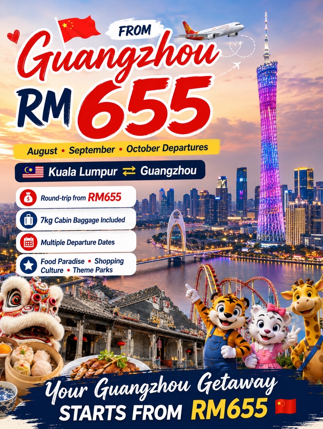 Mau liburan ke China tahun ini? Guangzhou adalah salah satu kota paling asyik buat dijelajahi—kaya sejarah, kulinernya juara, malnya modern, dan pemandangan kotanya cakep banget. Serunya lagi, tiket pesawat pulang-pergi dari Kuala Lumpur mulai dari RM655 saja buat keberangkatan bulan Agustus, September, dan Oktober.

Baru pertama kali ke Guangzhou? Ini daftar tempat yang wajib masuk bucket list kamu:

🏙 Landmark Ikonik
Mampir ke Canton Tower yang legendaris, jalan santai di Jembatan Haixin, nongkrong di Huacheng Square, dan nikmati pemandangan kota yang memukau baik siang maupun malam.

🏮 Nuansa Klasik Guangzhou
Telusuri Beijing Road, jelajahi keindahan Chen Clan Ancestral Hall, hunting foto di jalanan estetik Yongqing Fang, dan kunjungi Sun Yat-sen Memorial Hall yang bersejarah untuk merasakan kentalnya budaya Lingnan.

🎢 Seru-seruan bareng Keluarga
Liburan bareng anak? Wajib ke Chimelong Safari Park, coba wahana seru di Chimelong Paradise, atau nonton pertunjukan spektakuler di Chimelong International Circus.

🌿 Healing di Alam
Mau cari yang sejuk-sejuk dari hiruk pikuk kota? Hiking ke Gunung Baiyun atau liat megahnya Air Terjun Baishuizhai, salah satu air terjun tertinggi di China.

🍜 Surganya Pecinta Kuliner
Guangzhou dikenal sebagai tempat lahirnya masakan Kanton. Jangan sampai lewatkan jalanan makanan populer di sini:
✨ Xihua Road
✨ Huifu East Road
✨ Longjin Road
✨ Enning Road
✨ Wenming Road
✨ Jiangnan West

Pastikan untuk mencicipi hidangan favorit lokal seperti dim sum, angsa panggang, char siu, mi pangsit (wonton noodles), cheung fun, nasi claypot, puding susu (double-skin milk pudding), olahan jeroan sapi, hidangan penutup herbal, dan sup tradisional Kanton.

🛍 Belanja & Oleh-oleh
Dari brand mewah di Taikoo Hui hingga kafe hits di Parc Central, belanja barang murah di Fashion Tianhe, hingga koleksi anime di Comic City, Guangzhou punya segalanya untuk semua orang.

Sebelum pulang, jangan lupa borong oleh-oleh khas ini:
🎁 Sosis kemasan Huang Shang Huang
🎁 Pastry Tao Tao Ju
🎁 Wine es leci
🎁 Kue mentega & gulung nanas
🎁 Kue-kue tradisional Kanton
🎁 Suvenir bertema Canton Tower

💡 Tips Traveling
✔️ Metro Guangzhou itu cepat, murah, dan menjangkau hampir semua tempat wisata.
✔️ Alipay dan WeChat Pay berlaku di mana-mana, tapi tetap siapkan sedikit uang tunai untuk berjaga-jaga.
✔️ Musim gugur (September–Oktober) adalah waktu terbaik karena cuacanya sangat nyaman.

📅 Slot tersedia untuk keberangkatan Agustus, September & Oktober
✈️ Tiket pulang-pergi mulai RM655

📌 Save panduan ini buat petualangan kamu di Guangzhou, dan bagikan ke teman jalan kamu!