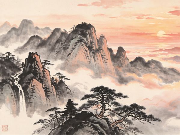 オレンジと黒の水墨画 山 三清山の日の出と夕焼け｜フィルター不要、どの一瞬もまるで水墨画の