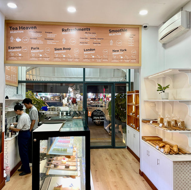 A cafe with baguettes and French pastries 