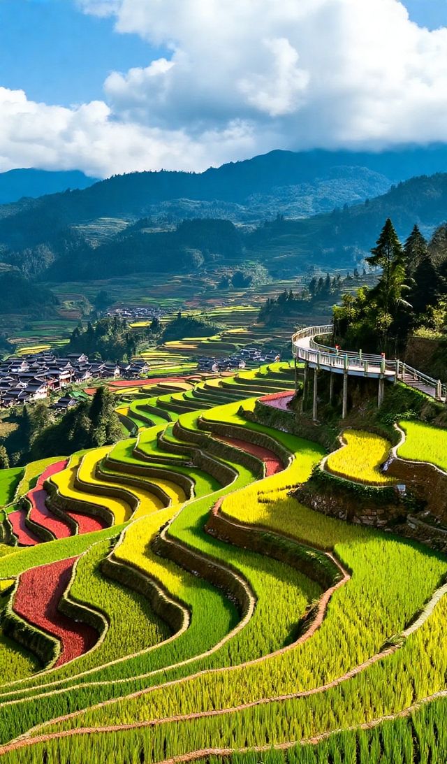 層層疊疊的田壟如天梯般蜿蜒山間，吊腳木樓隱現於雲霧中如仙境