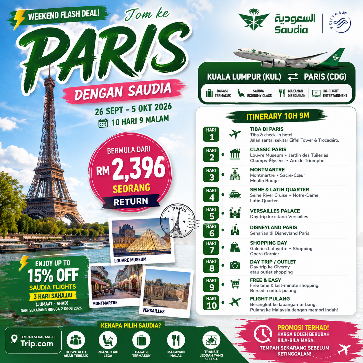Chuyến du lịch Paris 10 ngày 9 đêm: Ưu đãi chớp nhoáng của Saudia chỉ RM2,396 khứ hồi 🇫🇷✨