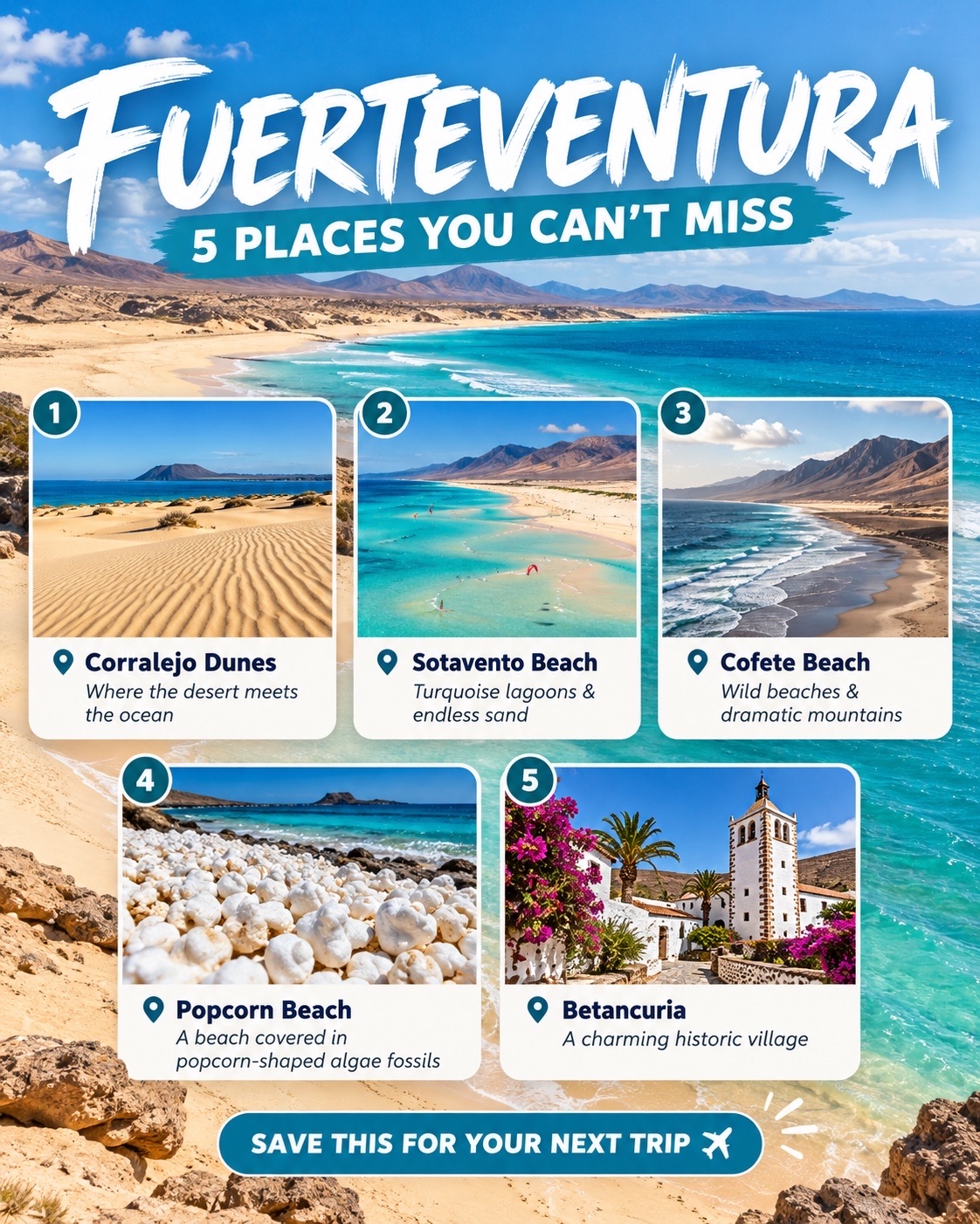 🌴 5 places you CAN’T miss in Fuerteventura! 🌊☀️

Golden sand dunes, crystal-clear lagoons, wild beaches and charming little villages — Fuerteventura is a dream waiting to be explored! 🏝️

📍 Corralejo Dunes – Desert vibes meet the Atlantic Ocean
📍 Sotavento Beach – Endless sand & turquoise lagoons
📍 Cofete Beach – Untouched beauty & dramatic landscapes
📍 Popcorn Beach – Yes, the beach really looks like popcorn! 🍿
📍 Betancuria – A picturesque village full of history

✈️ Which spot would you visit first? Tell us in the comments!

🔖 Save this post for your next island getaway!

#Fuerteventura #CanaryIslands #VisitFuerteventura #TravelInspiration #HiddenGems #BeachParadise #TravelBucketList #SpainTravel #ExploreMore #TripIdeas