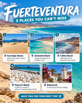 🌴 5 places you CAN’T miss in Fuerteventura! 🌊☀️

Golden sand dunes, crystal-clear lagoons, wild beaches and charming little villages — Fuerteventura is a dream waiting to be explored! 🏝️

📍 Corralejo Dunes – Desert vibes meet the Atlantic Ocean
📍 Sotavento Beach – Endless sand & turquoise lagoons
📍 Cofete Beach – Untouched beauty & dramatic landscapes
📍 Popcorn Beach – Yes, the beach really looks like popcorn! 🍿
📍 Betancuria – A picturesque village full of history

✈️ Which spot would you visit first? Tell us in the comments!

🔖 Save this post for your next island getaway!

#Fuerteventura #CanaryIslands #VisitFuerteventura #TravelInspiration #HiddenGems #BeachParadise #TravelBucketList #SpainTravel #ExploreMore #TripIdeas