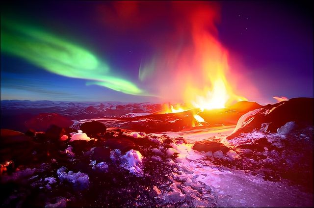 捕捉百年一遇壯觀景色 極光邂逅火山爆發。