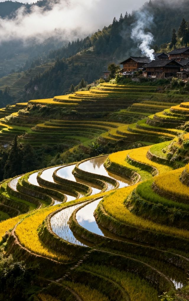 層層疊疊的田壟如天梯般蜿蜒山間，吊腳木樓隱現於雲霧中如仙境