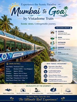 🚆✨ Поездка из Мумбаи в Гоа на поезде Vistadome – самое живописное железнодорожное путешествие в Индии! 🌴🌊

Мечтаете о незабываемом путешествии на поезде? Испытайте захватывающий дух поезд Vistadome, курсирующий между Мумбаи и Гоа, с каждого места которого открываются потрясающие виды на Конканскую железную дорогу, пышные Западные Гаты, водопады, туннели, реки, мосты и великолепное побережье Аравийского моря.

🌟 Почему стоит путешествовать на Vistadome?

🌟 ✅ Панорамная стеклянная крыша и очень большие окна
✅ Комфортабельный вагон с откидными сиденьями и кондиционером
✅ Круговой обзор на 360° на протяжении всего пути
✅ Идеально подходит для любителей фотографии и природы
✅ Одна из самых красивых железнодорожных поездок в Индии

📍 Маршрут
🚉 Мумбаи (CSMT) ➜ Панвел ➜ Роха ➜ Ратнагири ➜ Канкавали ➜ Тивим ➜ Мадгаон (Гоа)

⏱️ Время в пути
🕒 Примерно 10–11 часов

💰 Стоимость билета (приблизительно)
🎫 1600–2200 рупий (вагон Vistadome с кондиционером)
Стоимость билетов варьируется в зависимости от поезда, сезона и наличия мест.

📲 Как забронировать
1️⃣ Откройте веб-сайт или приложение IRCTC
2️⃣ Найдите Мумбай ➜ Мадгаон (Гоа)
3️⃣ Выберите поезд с вагоном Vistadome AC Chair Car
4️⃣ Выберите место
5️⃣ Оплатите онлайн и скачайте электронный билет

🌦️ Лучшее время для посещения Гоа
☀️ Октябрь – февраль: Приятная погода, пляжи и достопримечательности
🌴 Март – май: Идеально для любителей пляжного отдыха и водных видов спорта
🌧️ Июнь – сентябрь: Волшебство сезона дождей с пышной зеленью, водопадами и туманными горами

📸 Основные достопримечательности путешествия
🌿 Западные Гаты
🚇 Десятки туннелей
🌉 Знаменитые мосты Конкан
🌊 Виды на Аравийское море
🌴 Кокосовые рощи
💦 Сезонные Водопады
📷 Живописные пейзажи

💡 Советы путешественникам
✔️ Бронируйте места у окна заранее
✔️ Возьмите с собой фотоаппарат или смартфон
✔️ Держите под рукой закуски и воду
✔️ Путешествуйте в светлое время суток, чтобы насладиться лучшими видами
✔️ Сезон муссонов предлагает самые впечатляющие пейзажи

✨ Устройтесь поудобнее, расслабьтесь и насладитесь одним из самых незабываемых железнодорожных приключений в Индии из Мумбаи в Гоа!

#МумбаиВГоа #Вистадом #КонканскаяЖелезнаяДорога #ПоездкаВГоа #ПутешествиеНаПоезде #ЖивописныйПоезд #ИндийскиеЖелезныеДороги #ПутешествияПоИндии #Гоа #ЖелезнодорожныеПутешествия #ЛюбителиПрироды #ФотографияПутешествий #ОтдыхНаВыходные #СурмайДуния