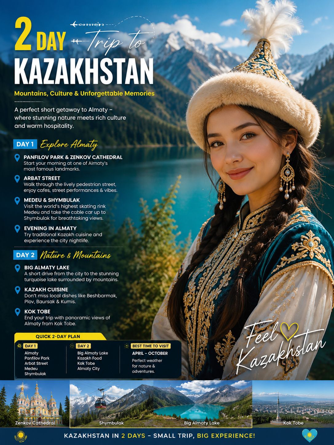 🇰🇿 2 Days in Kazakhstan — A Short Trip, Big Adventure!

If you have only 2 days in Kazakhstan, make Almaty your base. Surrounded by dramatic mountains, beautiful lakes, green parks, and a lively city atmosphere, Almaty is perfect for a quick getaway.

🗓️ DAY 1 — Explore Almaty

📍 Panfilov Park & Zenkov Cathedral
Start your morning at one of Almaty’s most famous landmarks. The colorful wooden Zenkov Cathedral is especially beautiful.

☕ Arbat Street
Walk through the lively pedestrian area, enjoy local cafés, street performances, and the city atmosphere.

🏔️ Medeu & Shymbulak
In the afternoon, head toward the mountains. Visit Medeu, one of the world's highest-altitude skating rinks, then take the cable car toward Shymbulak for spectacular mountain views.

🌆 Evening in Almaty
Return to the city and enjoy traditional Kazakh food at a local restaurant.

🗓️ DAY 2 — Nature & Mountains

💧 Big Almaty Lake
Begin early and travel into the mountains to see the stunning turquoise waters of Big Almaty Lake. The surrounding peaks make this one of the most memorable sights near Almaty.

🥘 Try Kazakh Cuisine
Don't leave without trying local dishes such as beshbarmak, plov, baursak, and kumis.

🌇 Kok Tobe
Finish your trip at Kok Tobe for panoramic views over Almaty. It's a great place to watch the city light up in the evening.

✈️ QUICK 2-DAY PLAN

Day 1:
Almaty → Panfilov Park → Arbat Street → Medeu → Shymbulak

Day 2:
Big Almaty Lake → Kazakh food experience → Kok Tobe → Almaty city

🇰🇿 Why visit Kazakhstan?

Two days may not be enough to explore this enormous country, but it is enough to experience a fascinating combination of modern city life, Central Asian culture, and spectacular mountain scenery.

📸 Kazakhstan in 2 days — mountains, culture, food and unforgettable views.

#Kazakhstan  #Almaty  #KazakhstanTravel  #TravelGuide  #CentralAsia  #Travel  #AlmatyTravel  #TravelBlogger  #ExploreKazakhstan 