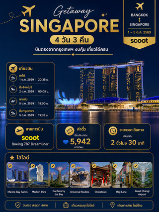 Singapore 4 Days 3 Nights with a Starting Budget of 16,000–22,000 THB/person.