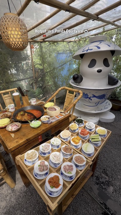 🐼 Viral Panda Courtyard Hotpot in Chengdu 🇨🇳🌶️✨⁣⁣

Hotpot in China isn’t just a meal — in Chengdu, it’s part of daily life, built around spice, sharing, and long table conversations that stretch well past the food itself. This viral spot, Yu Shao Xia Panda Courtyard Hotpot at Chunxi Road, has been circulating all over Xiaohongshu for a reason.⁣⁣

The space is set up like a traditional Chengdu courtyard garden, but with a playful panda twist 🐼 Bamboo furniture, stone textures, greenery, and quiet architectural details come together in a way that feels more like a staged slice of old Chengdu rather than a standard restaurant. It’s the kind of place that naturally slows you down just by being there.⁣⁣

We arrived right at opening, and that timing made a noticeable difference — calm, empty courtyards for a short moment before it gradually filled up. That shift from quiet to lively is very much part of the rhythm in popular Chengdu dining spots.⁣⁣

We ordered the 18 Traditional Old Chengdu Covered Bowl Dishes Set (1–2 pax), which is presented more like a curated selection than a standard hotpot platter. Smaller portions of meats, vegetables, tofu, mushrooms, and handmade items are arranged as a tasting-style journey through classic Chengdu ingredients.⁣⁣

For the broth, we went with a dual pot:
🌶️ Mala stir-fried base — rich, fragrant, and deeply Chengdu-style
🍅 Tomato base — lighter, slightly tangy for balance⁣⁣

What stands out here is how much of the experience is self-built at the table — from the DIY sauce station to the complimentary sides, everything is designed for mixing and adjusting flavours as you go, which is very aligned with how hotpot is actually enjoyed locally.⁣⁣

A few small highlights:
🍠 Purple sweet potato & meat floss steamed roll — soft, airy, lightly sweet with a savoury edge
🥥 Panda coconut jelly — simple, refreshing, and a light finish that fits the theme without trying too hard⁣⁣

It’s a good reflection of Chengdu’s food culture — even something as everyday as hotpot is made layered, expressive, and social, while still staying rooted in comfort and familiarity. If you’re in Chengdu, this is definitely one of those places worth visiting not just for the food, but also for the photo-worthy courtyard setting and overall experience. Highly recommend both as a spot to explore and a meal to try.⁣⁣

📍 Yu Shao Xia Panda Courtyard Hotpot (Chunxi Road), Chengdu 🇨🇳⁣⁣

 #myitinerary #afternoonteatime #localfood #thingstodo #citydaytours #china #chinatravel #chinatrip #chengdu #sichuan 