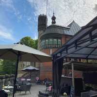 spacious cafe with outdoor tables