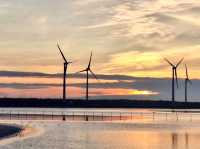 高美濕地-夕陽的美景與風力發電的風車相映成趣