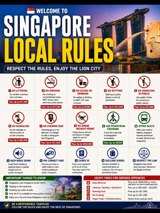 #localrules 
🇸🇬 Singapore Travel Etiquette: What Every Visitor Should Know

Planning a trip to Singapore? These simple etiquette tips will help you blend in and enjoy a smooth visit.

🌿 Keep public places clean—always dispose of waste properly.
🚶 Wait your turn and respect queues.
🚇 Give priority seats to elderly passengers, pregnant women, and people with disabilities.
🔇 Keep your voice low on public transport.
🚭 Smoke only in designated smoking areas.
🚫 Do not eat or drink in MRT trains and paid station areas.
🚦 Follow traffic signals and use pedestrian crossings.
💳 Use contactless cards or public transport cards for easy travel.
💧 Carry a reusable water bottle—tap water is safe to drink.
😊 Respect local customs, laws, and cultural diversity.

Quick Tips

✅ Currency: Singapore Dollar (SGD)
✅ English is widely spoken.
✅ Public transport is clean, safe, and affordable.
✅ Most shops and restaurants accept cards and digital payments.
✅ Keep emergency numbers and your passport details handy.

A little respect for local customs goes a long way. Enjoy your trip to the Lion City!

#singapore  #singaporetravel  #travelguide  #traveltips  #visitsingapore  #exploresingapore  #singaporelife  #lioncity  #asiatravel  #travelsmart  #firsttimeinsingapore  #singaporevacation  #travel2026 