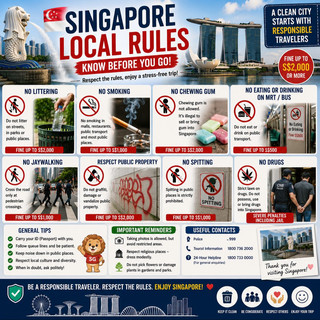 #localrules 
🇸🇬 Singapore Local Rules Every Tourist Should Know (2026)

Singapore is one of the cleanest, safest, and most organized countries in the world. To enjoy a hassle-free trip, it's important to follow the local laws and respect public spaces.

Key Rules for Visitors

🚭 No smoking in prohibited areas.
🚯 Never litter—use the bins provided.
🚇 No eating or drinking on MRT trains and in paid station areas.
🚶 Cross the road only at designated pedestrian crossings.
🚫 Chewing gum is strictly regulated.
🆔 Carry your passport or a valid ID when traveling.
📸 Respect privacy and local regulations when taking photos or flying drones.
♻️ Help keep Singapore clean and environmentally friendly.
🤝 Be polite, queue patiently, and respect local customs.

Helpful Travel Tips

✔️ Currency: Singapore Dollar (SGD)
✔️ Tap water is safe to drink.
✔️ Public transport is fast, clean, and reliable.
✔️ Free Wi-Fi is available at many public places and the airport.
✔️ Follow all local laws—Singapore has strict penalties for many offences.

By respecting these rules, you'll have a smooth, safe, and memorable experience in the Lion City.

Save this guide before your trip and share it with anyone planning to visit Singapore!

#singapore  #visitsingapore  #singaporetravel  #singaporerules  #singaporetips  #travelsingapore  #singaporeguide  #traveltips  #lioncity  #changiairport  #mrtsingapore  #asiatravel  #firsttimetraveler  