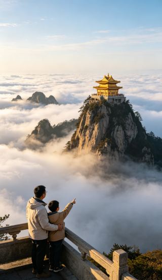 武当山の春、赤い壁と雲海の間に隠れている