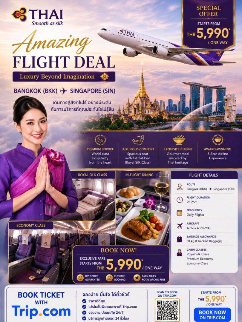 ✈️✨ Bangkok ➡️ Singapore by Thai Airways 🇹🇭🇸🇬

📍 Route Details

🛫 Bangkok (BKK) → Singapore (SIN)
⏱️ Flight Duration: ~2 hr 20 min – 2 hr 50 min 
📏 Distance: ~1,400 km 
🛩️ Direct Flights: Available daily with Thai Airways


· --

💰 Ticket Price (Approx)

🎟️ Economy (Round Trip): 12,000 – 18,000 THB 
💺 Business Class: From 30,000+ THB 

👉 Prices depend on season & booking time


· --

🛫 Flight Experience

💺 Economy Class

✔️ Comfortable seats & legroom
✔️ Free meals 🍛 (Thai + international)
✔️ In-flight entertainment 🎬

💎 Business Class

✔️ Flat-bed seats 🛏️
✔️ Premium dining & lounge access
✔️ Priority check-in & boarding


· --

🧳 Baggage Allowance

🧳 Economy: ~20–30 kg check-in (varies fare) 
👜 Cabin: 7 kg + personal item


· --

⏰ Flight Frequency

🛫 Multiple flights daily (4–5 flights) 
🕗 Morning, afternoon & evening options


· --

📲 How to Book

1️⃣ Visit Trip.com
2️⃣ Search “Bangkok → Singapore”
3️⃣ Select Thai Airways
4️⃣ Choose best timing & price
5️⃣ Book & get e-ticket instantly 🎫


· --

💡 Travel Tips

✔️ Book 3–4 weeks early for cheaper fares
✔️ Mid-week flights are cheaper 💸
✔️ Choose A350 / Boeing 777 for better comfort
✔️ Carry light jacket (cabin can be cold)


· --

💜 Thai Airways is a great choice for this route—comfortable, reliable & full-service ✨
Perfect if you want a smooth, premium experience instead of budget airlines

👉 Best for: Comfort + short international trip ✈️

#ThaiAirways #BangkokToSingapore #FlightDeal #TravelGuide #ThailandTravel #SingaporeTrip #FlySmart #Wanderlust #TravelNow