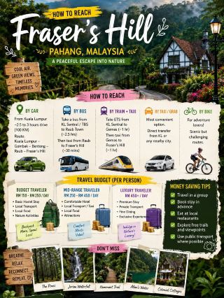 #underratedspots 
🏞️ FRASER’S HILL, PAHANG 🇲🇾 — MALAYSIA’S UNDERRATED HILL STATION & HIDDEN NATURE ESCAPE! 🌿✨

Looking for a peaceful getaway away from Malaysia’s busy tourist destinations? Discover Fraser’s Hill, a charming and underrated hill station in Pahang surrounded by cool mountain air, lush forests, scenic roads, and beautiful colonial-era architecture. 🌲🏡

Located high in the Titiwangsa Range, Fraser’s Hill is an excellent destination for nature lovers, birdwatchers, hikers, and travelers looking for a relaxing escape.

🌿 TOP ATTRACTIONS & THINGS TO DO

🐦 Birdwatching – Fraser’s Hill is one of Malaysia’s best-known destinations for spotting a wide variety of beautiful birds.

🌳 Rainforest Adventures – Explore the surrounding forest and enjoy the peaceful sounds of nature.

🥾 Nature Trails – Take a refreshing walk along scenic forest trails suitable for different levels of hikers.

🌊 Jeriau Waterfall – Enjoy a relaxing trip into nature and cool off near the waterfall.

🏡 Fraser’s Hill Town – Explore the charming hill-station atmosphere, old-world architecture, and peaceful streets.

🗼 The Clock Tower – Visit one of the most recognizable landmarks in Fraser’s Hill and capture beautiful travel photos.

🌄 Scenic Viewpoints – Enjoy panoramic mountain views and misty landscapes, especially during cool mornings.

🚴 Mountain Roads – Take a scenic drive through winding roads surrounded by lush greenery.

☕ Relax & Unwind – Enjoy the cool climate, peaceful atmosphere, and cozy cafés while escaping the tropical heat.

💰 BUDGET GUIDE

🎒 Budget Traveler: Around RM 120–RM 250 per person/day
🏨 Mid-Range Traveler: Around RM 250–RM 500 per person/day
✨ Luxury Traveler: RM 500+ per person/day

Costs vary depending on accommodation, transport, food, and activities.

🚗 HOW TO REACH FRASER’S HILL

📍 From Kuala Lumpur: Fraser’s Hill is approximately a 2–3 hour drive, depending on traffic and your starting point.

🚙 By Car: The most convenient way to reach Fraser’s Hill is by driving through the scenic mountain roads.

🚌 Public Transport: You can travel by bus or train toward nearby towns such as Kuala Kubu Bharu, then continue by taxi or other local transport. Public transport options may be limited, so planning ahead is recommended.

📅 BEST TIME TO VISIT

🌤️ March to September is generally a good period for outdoor activities, while the weather can be unpredictable throughout the year. Early mornings are especially beautiful for birdwatching, photography, and enjoying the cool mountain atmosphere.

💡 TRAVEL TIPS

✔️ Carry a light jacket—the weather can be cool and misty.
✔️ Wear comfortable shoes for nature trails.
✔️ Bring binoculars if you love birdwatching.
✔️ Start outdoor activities early in the morning.
✔️ Check weather conditions before hiking.
✔️ Book accommodation in advance during weekends and holidays.
✔️ Respect the forest and avoid leaving any waste behind.

🌿 FRASER’S HILL — COOL AIR, MISTY MOUNTAINS & A PEACEFUL ESCAPE INTO NATURE! 🏞️💚

📌 Save this underrated Malaysian hill station for your next weekend getaway!
📲 Follow for more underrated spots, hidden gems, budget travel guides, and beautiful destinations around the world.

#FrasersHill  #FrasersHillPahang  #Pahang  #MalaysiaTravel  #Malaysia  #UnderratedMalaysia  #HiddenGemsMalaysia  #VisitMalaysia  #HillStation  #NatureEscape #travel2026 