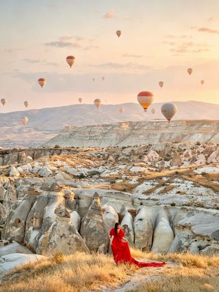 Splendid hot air balloons in Cappadocia at sunrise