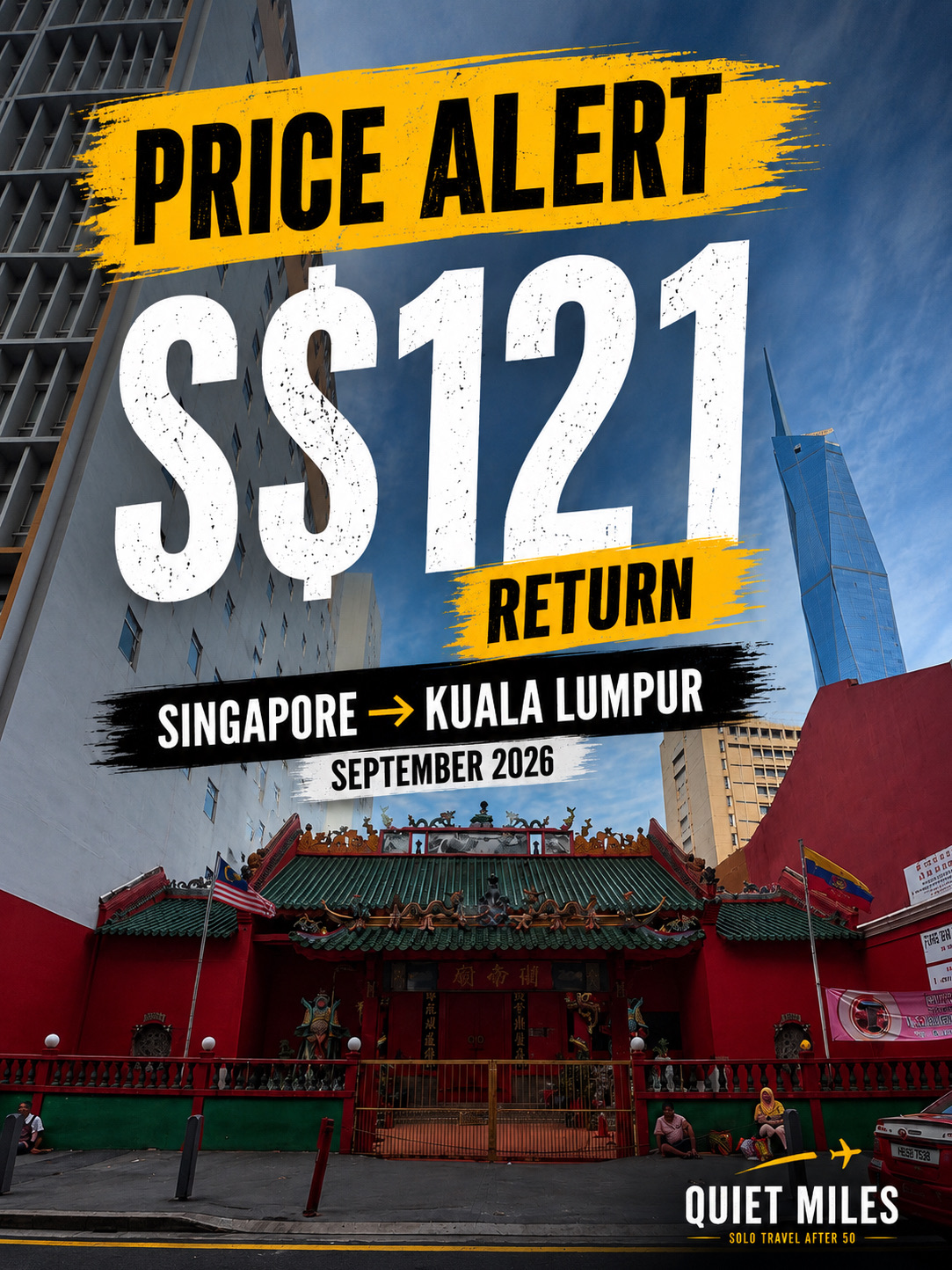 Price matters. But context matters even more.

I often get asked, “Should I wait for a cheaper fare?”

The honest answer is… nobody knows.

For Singapore–Kuala Lumpur, I’d rate fares like this:

🟢 Under S$100 → Deep Value

🟡 S$100–140 → Good Value

🟠 S$140–180 → Normal

🔴 Above S$180 → Expensive

At S$121 return, this sits comfortably in the Good Value range.

More importantly, the flight timings give you nearly four full days in Kuala Lumpur without paying a premium.

Could prices fall below S$100?

Absolutely.

But waiting to save another S$20 could just as easily mean paying S$40 more later.

The goal isn’t to book the cheapest fare every time.

It’s to recognise a good fare when you see one.

That’s what Quiet Miles is here to help you do.

—

#quietmiles #airfare #farealert #kualalumpur #malaysia #airasia #budgettravel #traveldeals #cheapflights #kualalumpurtrip  #cheapflightdeals #malaysiatrip