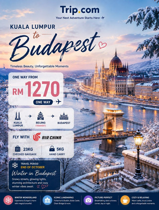 🇭🇺❄️ 吉隆坡 → 布達佩斯 — 單程票價只要 RM1,270 起! ✈️💰 單程票價只要 RM1,270 起📍 吉隆坡 →