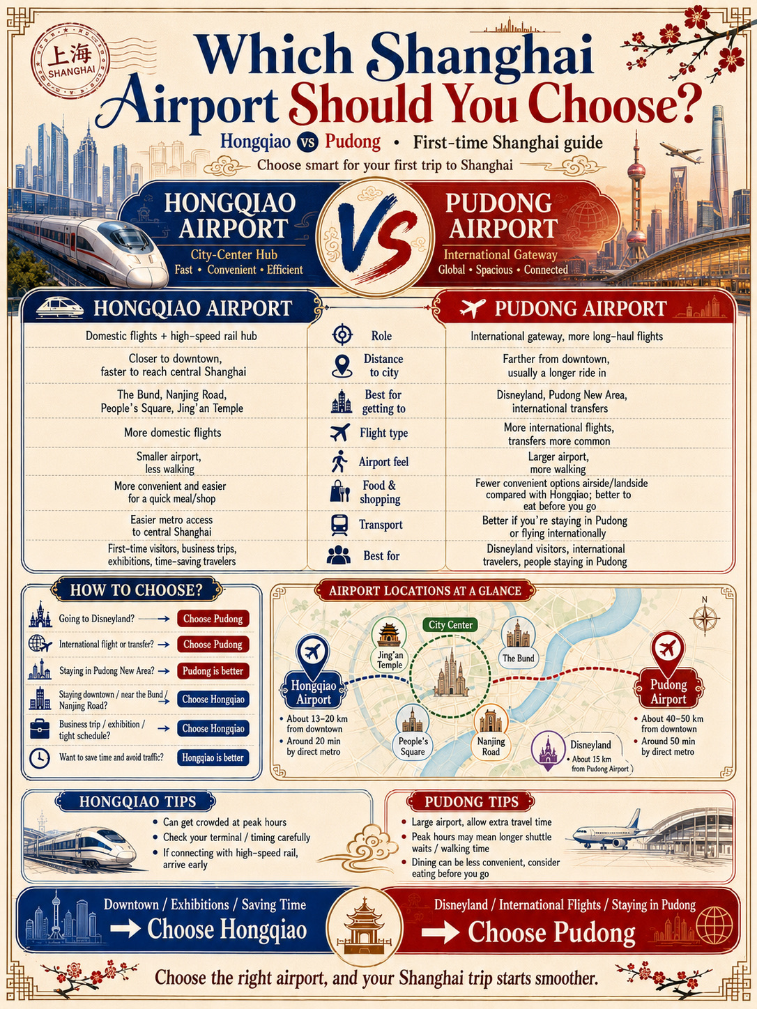 Flying to Shanghai for the first time? ✈️ Don’t just book the cheapest flight - the airport you choose can seriously affect your travel time, transport cost and overall convenience!

🛫 Shanghai has two major airports:
🔵 Hongqiao Airport - closer to the city, better for downtown areas, business trips, domestic flights and travellers who want to save time.
🔴 Pudong Airport - better for international flights, transfers, Disneyland, Pudong New Area and long-haul routes.

✅ Here’s the key thing many travellers forget:
🚕 A cheaper flight to Pudong may not be cheaper in the end if taxi or transport into downtown costs more, especially during peak hours, late nights or when travelling with luggage.

✨ Quick guide:
· Staying near The Bund / Nanjing Road / Jing’an? Choose Hongqiao
· Going to Disneyland or Pudong? Choose Pudong
· Want less walking and faster city access? Hongqiao wins
· Need more international flight options? Pudong is usually better

Save this before booking your Shanghai flight - it might save you both time and money 💰📌

 #china #chinatravel #chinatrip #chinatraveltips #chinatrips #shanghai #shanghaitrip #shanghaitravel 
