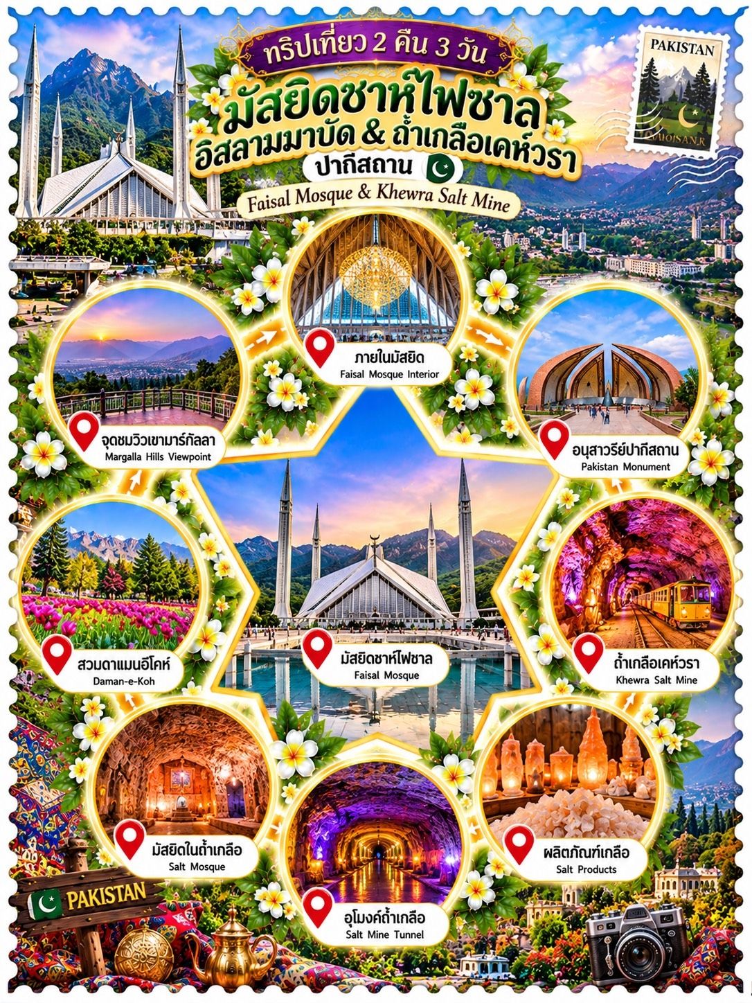 หากกำลังมองหาทริปเที่ยวปากีสถานที่ผสมผสานความงดงามของสถาปัตยกรรมอิสลาม ธรรมชาติของขุนเขา และความมหัศจรรย์ใต้ผืนดิน ทริปนี้เป็นอีกหนึ่งเส้นทางที่น่าสนใจมากค่ะ 🇵🇰💚 ได้สัมผัสทั้งเมืองหลวงอิสลามาบัดที่สงบสวยงาม และถ้ำเกลือเคห์วราอันน่าตื่นตาตื่นใจในจังหวัดปัญจาบ เหมาะสำหรับผู้ที่ชื่นชอบการเดินทางเพื่อค้นพบวัฒนธรรมและสถานที่แปลกใหม่

🕌 มัสยิดชาห์ไฟซาล (Faisal Mosque)

เริ่มต้นการเดินทางด้วยการเยี่ยมชมมัสยิดไฟซาล แลนด์มาร์กสำคัญของกรุงอิสลามาบัด ซึ่งโดดเด่นด้วยรูปทรงอาคารสีขาวที่ได้รับแรงบันดาลใจจากเต็นท์ของชาวเบดูอิน พร้อมหอคอยสูงทั้งสี่ด้าน ฉากหลังเป็นเทือกเขามาร์กัลลา ทำให้สถาปัตยกรรมดูสง่างามและกลมกลืนกับธรรมชาติอย่างลงตัว

บริเวณลานมัสยิดกว้างขวาง เหมาะสำหรับชมรายละเอียดทางสถาปัตยกรรมและเก็บภาพความประทับใจ หากมีโอกาสได้เข้าไปภายใน จะสัมผัสบรรยากาศที่สงบและความงดงามของพื้นที่ประกอบศาสนกิจ ทั้งนี้ควรแต่งกายสุภาพและตรวจสอบข้อกำหนดการเข้าชมก่อนเดินทาง 📸🤍

🏞️ จุดชมวิว Daman-e-Koh

อีกหนึ่งสถานที่ที่เหมาะกับการแวะชมวิวเมืองอิสลามาบัดจากมุมสูง สามารถมองเห็นเมืองที่โอบล้อมด้วยพื้นที่สีเขียวและแนวภูเขา โดยเฉพาะช่วงเช้าหรือช่วงเย็นที่แสงธรรมชาติช่วยเติมสีสันให้กับทิวทัศน์

🌸 อนุสาวรีย์ปากีสถาน (Pakistan Monument)

แลนด์มาร์กที่มีรูปทรงคล้ายกลีบดอกไม้บาน สื่อถึงความเป็นหนึ่งเดียวของประเทศ เป็นจุดที่น่าสนใจสำหรับผู้ชื่นชอบประวัติศาสตร์และสถาปัตยกรรม อีกทั้งยังเป็นมุมถ่ายภาพที่สวยงามเมื่อมาเยือนเมืองหลวง

🧂 ถ้ำเกลือเคห์วรา (Khewra Salt Mine)

ไฮไลต์อีกแห่งของทริปคือถ้ำเกลือเคห์วรา หนึ่งในเหมืองเกลือที่มีชื่อเสียงของปากีสถาน ภายในมีอุโมงค์และผนังหินเกลือที่มีสีสันและลวดลายแตกต่างกันไปตามแสงไฟที่จัดไว้ บรรยากาศชวนให้รู้สึกเหมือนได้เดินเข้าสู่โลกใต้ดินที่เต็มไปด้วยความมหัศจรรย์

สิ่งที่น่าสนใจคือประติมากรรมจากเกลือและสิ่งก่อสร้างจำลอง เช่น มัสยิดที่สร้างจากเกลือ ซึ่งแสดงให้เห็นถึงความคิดสร้างสรรค์และการใช้ประโยชน์จากทรัพยากรธรรมชาติได้อย่างน่าประทับใจ หากมีโอกาสมาเยือนปากีสถาน สถานที่แห่งนี้ถือเป็นอีกหนึ่งจุดหมายที่ไม่ควรพลาด

📷 กิจกรรมที่น่าสนใจในถ้ำเกลือ

· เดินชมอุโมงค์และชั้นหินเกลือ
· ถ่ายภาพประติมากรรมเกลือและแสงไฟภายในเหมือง
· เรียนรู้เรื่องราวเกี่ยวกับเหมืองและการทำเหมืองเกลือ
· เลือกซื้อผลิตภัณฑ์เกลือเป็นของฝาก หากมีจำหน่ายในวันที่เดินทาง

🌄 วางแผนเที่ยว 2 คืน 3 วันอย่างไรให้คุ้มค่า

วันแรก: เที่ยวชมมัสยิดไฟซาล จุดชมวิว Daman-e-Koh และอนุสาวรีย์ปากีสถาน ก่อนพักค้างคืนในอิสลามาบัด

วันที่สอง: เดินทางไปถ้ำเกลือเคห์วรา ชมอุโมงค์และประติมากรรมเกลือ แล้วพักในพื้นที่ที่เหมาะสมตามแผนการเดินทาง

วันที่สาม: ใช้เวลาช่วงเช้าพักผ่อน แวะคาเฟ่หรือเลือกซื้อของฝาก ก่อนเดินทางกลับตามตารางเที่ยวบิน

💚 สรุปความประทับใจ

ทริปนี้มีเสน่ห์ตรงความแตกต่างของสถานที่ท่องเที่ยว ตั้งแต่มัสยิดสีขาวอันสง่างามท่ามกลางภูเขา ไปจนถึงอุโมงค์เกลือใต้ดินที่เต็มไปด้วยสีสันและเรื่องราวทางธรรมชาติ เป็นการเดินทางที่ได้ทั้งความรู้ ประสบการณ์ใหม่ และภาพความทรงจำที่ไม่เหมือนใคร

📌 ข้อควรรู้ก่อนเดินทาง: อิสลามาบัดกับถ้ำเกลือเคห์วราอยู่ห่างกันพอสมควร ควรเผื่อเวลาเดินทางและตรวจสอบเวลาเปิดเข้าชมเหมืองล่วงหน้า โดยเฉพาะหากต้องการเที่ยวทั้งสองแห่งภายใน 3 วัน การจัดเส้นทางและที่พักให้เหมาะสมจะช่วยให้การเดินทางสะดวกขึ้น

🇵🇰✨ หากอยากเปิดประสบการณ์ใหม่ในปากีสถาน ทั้งสถาปัตยกรรมอันยิ่งใหญ่และความมหัศจรรย์ของธรรมชาติใต้ผืนดิน เส้นทางมัสยิดไฟซาลและถ้ำเกลือเคห์วราเป็นอีกหนึ่งทริปที่น่าจดจำและควรค่าแก่การไปสัมผัสด้วยตัวเอง

#FaisalMosque  #KhewraSaltMine  #เที่ยวปากีสถาน  #อิสลามาบัด  #ถ้ำเกลือเคห์วรา  #PakistanTravel  #PakistanMonument  #DamanEKoh  #เที่ยวต่างประเทศ  #รีวิวท่องเที่ยว  #ทริป2คืน3วัน  🇵🇰🕌🧂
