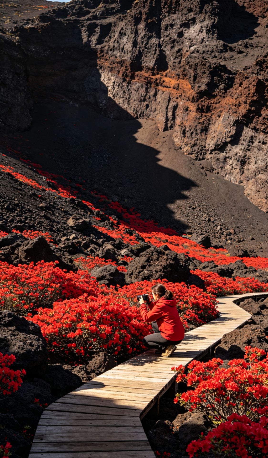 In Arxan, it’s not just the azaleas that bloom into a sea on the volcanic rocks