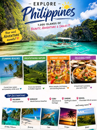 🌴 EXPLORE PHILIPPINES – ISLAND PARADISE 🇵🇭✨

Welcome to the Philippines, a tropical dream with over 7,000 islands 💙 From crystal-clear waters to vibrant culture, this destination is perfect for beach lovers and adventure seekers!

📍 Top Destinations:
· Palawan – Hidden lagoons & turquoise waters 🌊
· Boracay – White sand beaches & nightlife 🌅
· Cebu – Waterfalls, diving & city vibes 🐠
· Siargao – Surfing capital & island life 🏄
· Bohol – Chocolate Hills & cute tarsiers 🐒

🏝️ Things to Do:
· Island hopping & snorkeling 🤿
· Scuba diving with marine life 🐢
· Chase waterfalls & explore jungles 🌿
· Enjoy sunsets on pristine beaches 🌅

💰 Budget (Per Day in USD):
· Budget: $40 – $80
· Mid-range: $90 – $180
· Luxury: $200+

🍽️ Food to Try:
· Adobo 🍗
· Lechon 🐖
· Halo-Halo dessert 🍧

⏰ Best Time to Visit:
· November to May (dry season ☀️)

✨ Friendly people, stunning islands, and unforgettable adventures—Philippines is truly a paradise!

✈️ Pack your bags and explore beauty, adventure & smiles 💫

#Philippines  #IslandLife  #TravelAsia  #BeachVibes  #Wanderlust  #TravelGoals  #ExploreMore #travel2026 