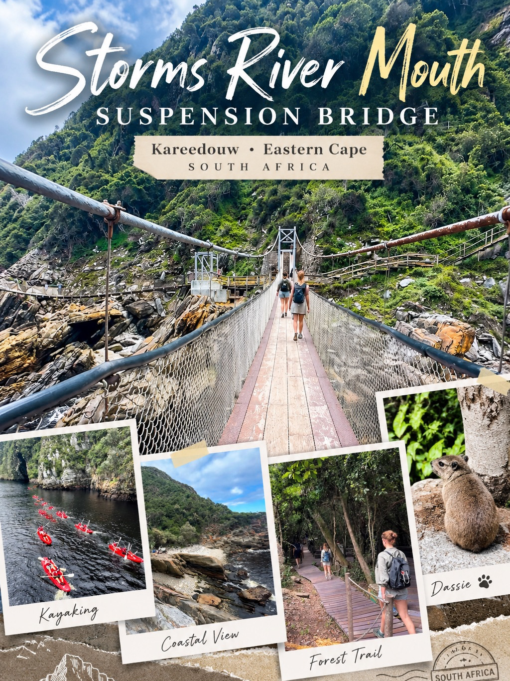 Storms River Mouth Suspension Bridge 🌿🌊

สะพานแขวนกลางธรรมชาติ ที่พาเราเข้าไปถึงปากแม่น้ำแบบใกล้ชิด

หนึ่งในประสบการณ์ที่ชอบมากระหว่างเที่ยว Eastern Cape, South Africa คือการเดินเข้าสู่ Storms River Mouth เส้นทางที่พาเราเดินผ่านป่าร่มรื่น ก่อนจะค่อย ๆ เปิดออกสู่ภูเขาหินและทะเลที่อยู่เบื้องหน้า

ไฮไลต์ของที่นี่คือ Suspension Bridge สะพานแขวนที่ทอดตัวข้ามบริเวณปากแม่น้ำ ตัวสะพานแกว่งเล็กน้อยเวลาเดิน แต่กลับทำให้รู้สึกสนุกขึ้นอีกนิด 😄 ด้านล่างเป็นน้ำสีเข้มที่ไหลออกสู่ทะเล และมีนักท่องเที่ยวพายเรือคายัคสีแดงอยู่เต็มไปหมด

เดินต่อไปจะเจอทั้งแนวชายฝั่งที่เต็มไปด้วยโขดหิน ชั้นหินธรรมชาติ และวิวภูเขาสีเขียวที่โอบล้อมพื้นที่เอาไว้ บางช่วงเป็นทางเดินไม้ผ่านป่า ทำให้การเดินไม่รู้สึกเหมือนเป็นแค่เส้นทางไปชมสะพาน แต่เหมือนได้เข้าไปสำรวจธรรมชาติทีละส่วน

อีกอย่างที่เจอแบบไม่ตั้งใจก็คือ Dassie เจ้าสัตว์ตัวเล็กหน้าตาคล้ายหนูผสมกระต่ายที่อาศัยอยู่ตามโขดหิน เห็นนั่งรวมกันอยู่ใกล้เส้นทางเดิน น่ารักจนต้องหยุดดูอยู่พักหนึ่ง 🐾

ที่นี่จึงเป็นอีกมุมของ South Africa ที่แตกต่างจากภาพจำเรื่องซาฟารีโดยสิ้นเชิง—มีทั้ง ป่า ภูเขา แม่น้ำ ทะเล และกิจกรรมกลางแจ้ง อยู่ในพื้นที่เดียวกัน

📍 Storms River Mouth Suspension Bridge, Eastern Cape, South Africa
🌿 แนะนำเผื่อเวลาเดินชมธรรมชาติรอบ ๆ มากกว่าการมาแค่ถ่ายรูปที่สะพาน
🥾 รองเท้าที่เดินสบายเหมาะที่สุด เพราะมีทั้งทางเดินไม้และพื้นหิน

ภาพถ่ายจากต้นฉบับที่ถ่ายด้วยตัวเอง

#StormsRiverMouth #EasternCape #SouthAfrica #Tsitsikamma #มือสมัครเที่ยว