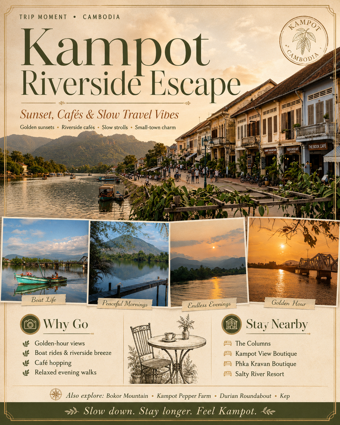 Kampot Riverside Escape: Sunset, Cafés & Slow Travel Vibes 🌊🌅