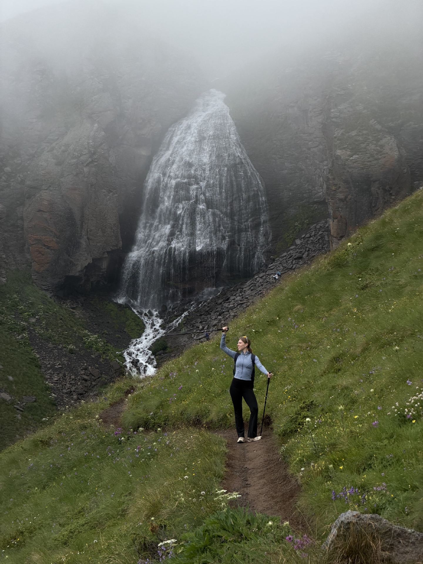 Hiking to Devichyi Kosy Waterfall, Mt. Elbrus Region.