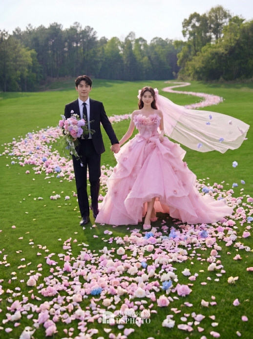 一歩一歩花が咲く森系の芝生でのウェディングフォト、それが私が