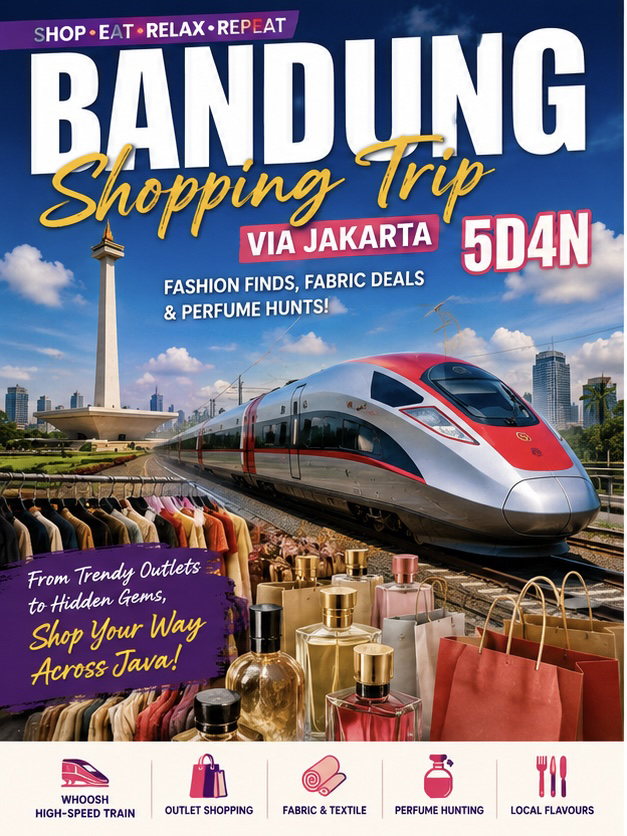 
Siap-siap buat retail therapy terbaik di surga belanja Indonesia 🇮🇩✨

Mulai dari borong barang di factory outlet Bandung, berburu kain grosir, hingga belanja di mall mewah Jakarta, trip ini dirancang khusus buat kamu pecinta fashion, diskon, dan hobi eksplorasi.

🚄 Rasakan kecanggihan Kereta Cepat Whoosh
🧥 Berburu fashion premium di factory outlet
🧵 Jelajahi pasar kain & tekstil
🌸 Temukan parfum unik & produk lokal pilihan
🛍️ Akhiri dengan belanja di mall terbesar Jakarta sebelum pulang

⸻

📍 Destinasi:
Bandung • Jakarta
🚄 Perjalanan praktis dengan Kereta Cepat Whoosh

⸻

💥 Highlight:
✔ Borong belanjaan di factory outlet
✔ Pusat grosir kain & batik
✔ Berburu parfum & wewangian unik
✔ Mall modern & toko branded
✔ Kuliner, kafe & barang lokal unik sepanjang jalan

⸻

💰 Perkiraan budget: Mulai dari RM2,8xx++ per orang
(Tergantung nafsu belanja ya 😏)

⸻

🎒 Bawa baju dikit aja… karena kamu PASTI bakal pulang bawa tas tambahan.