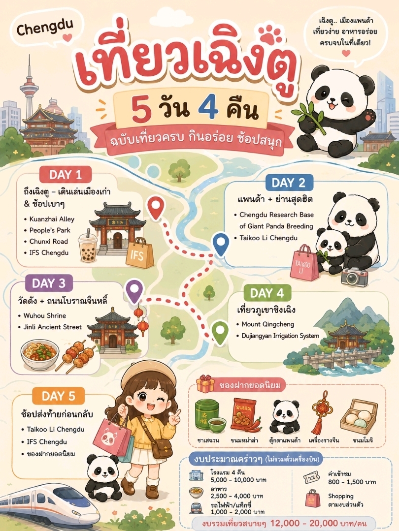 5 Days 4 Nights in Chengdu: The Ultimate Guide to Sightseeing, Dining, and Shopping

▶️ Day 1: Arrive in Chengdu – Old Town Stroll & Light Shopping
📸📸 Attractions
Kuanzhai Alley
Sichuan-style ancient streets
Cafes, teahouses, souvenir shops
People's Park
Sip Sichuan tea
Experience local lifestyle
🍜🍜 Recommended Food
Sichuan Hotpot
Xiaolongbao
Dan Dan Noodles
💴💰 Shopping
Chunxi Road
IFS Chengdu

▶️ Day 2: Pandas + Trendy Districts
📸📸 Attractions
Chengdu Research Base of Giant Panda Breeding
Should go before 9:00 AM
Pandas are most active in the morning
Taikoo Li Chengdu
A popular landmark for the youth
Great for photos both day and night
🍜🍜 Recommended Food
Bang Bang Chicken
Hongyou Chaoshou (Wontons in Sichuan chili oil)
Chinese Milk Tea
💴💰 Shopping
Popular Chinese brands
Pop Mart
Miniso
Xiaomi

▶️ Day 3: Famous Temples + Jinli Ancient Street
📸📸 Attractions
Wuhou Shrine
Jinli Ancient Street
Highlights
Ancient Chinese-style architecture
Abundant local street food
Perfect for an evening stroll
🍜🍜 Recommended Food
Mala Skewers
Sichuan Tofu (Mapo Tofu)
Tanghulu (Candied hawthorn sticks)
💴💰 Shopping
Chinese-style souvenirs
Panda keychains
Sichuan tea
Local snacks

▶️ Day 4: Mount Qingcheng Excursion
📸📸 Attractions
Mount Qingcheng
Dujiangyan Irrigation System
Highlights
Beautiful nature
Great weather
UNESCO World Heritage Sites
🍜🍜 Recommended Food
River fish
Authentic Sichuan cuisine
💴💰 Shopping
Teahouses
Taoist-style souvenirs

▶️ Day 5: Final Shopping Spree Before Departure
📸📸 Attractions
A final stroll around Taikoo Li
Take photos with the giant panda landmark on the IFS building
💴💰 Must-Buy Shopping Items
Chinese cosmetics
Pop Mart
Labubu
Sichuan tea
Mala-flavored snacks
Chinese-style accessories

▶️ Popular Souvenirs
🎁 Sichuan tea
🎁 Mala snacks
🎁 Panda plushies
🎁 Chinese amulets
🎁 Chinese mochi and bean pastries

▶️ Estimated Budget (Excluding Flights)
Hotel (4 nights): 5,000 - 10,000 THB
Food: 2,500 - 4,000 THB
Metro/Taxi: 1,000 - 2,000 THB
Entrance Fees: 800 - 1,500 THB
Shopping: Depends on your personal budget
Total budget for a comfortable trip: Approx. 12,000 - 20,000 THB/person (Excluding flights)

⭐️⭐️ Chengdu is highly recommended for first-time visitors to China. It’s easy to navigate, the food is amazing, and it offers pandas, ancient temples, beautiful nature, and fantastic shopping all in one city! 🐼✨

    Panda watching  trip travel