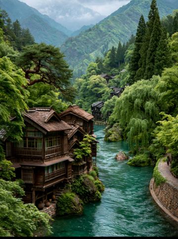 青山と緑の水辺に隠れた桃源郷のような仙境の村がとても癒されます