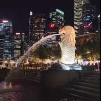 Merlion park Singapore ในยามค่ำคืน