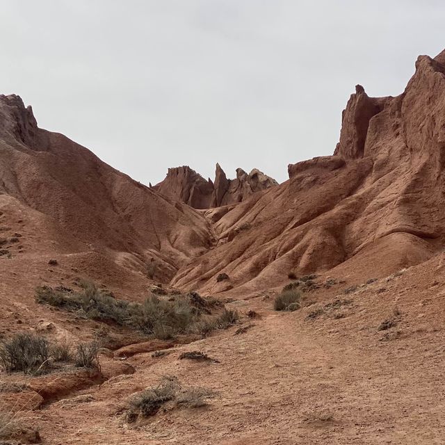 수천 년의 얼음, 물, 바람의 침식의 결과로 형성된 뾰족한 Skazka canyon (스카즈카 협곡) 